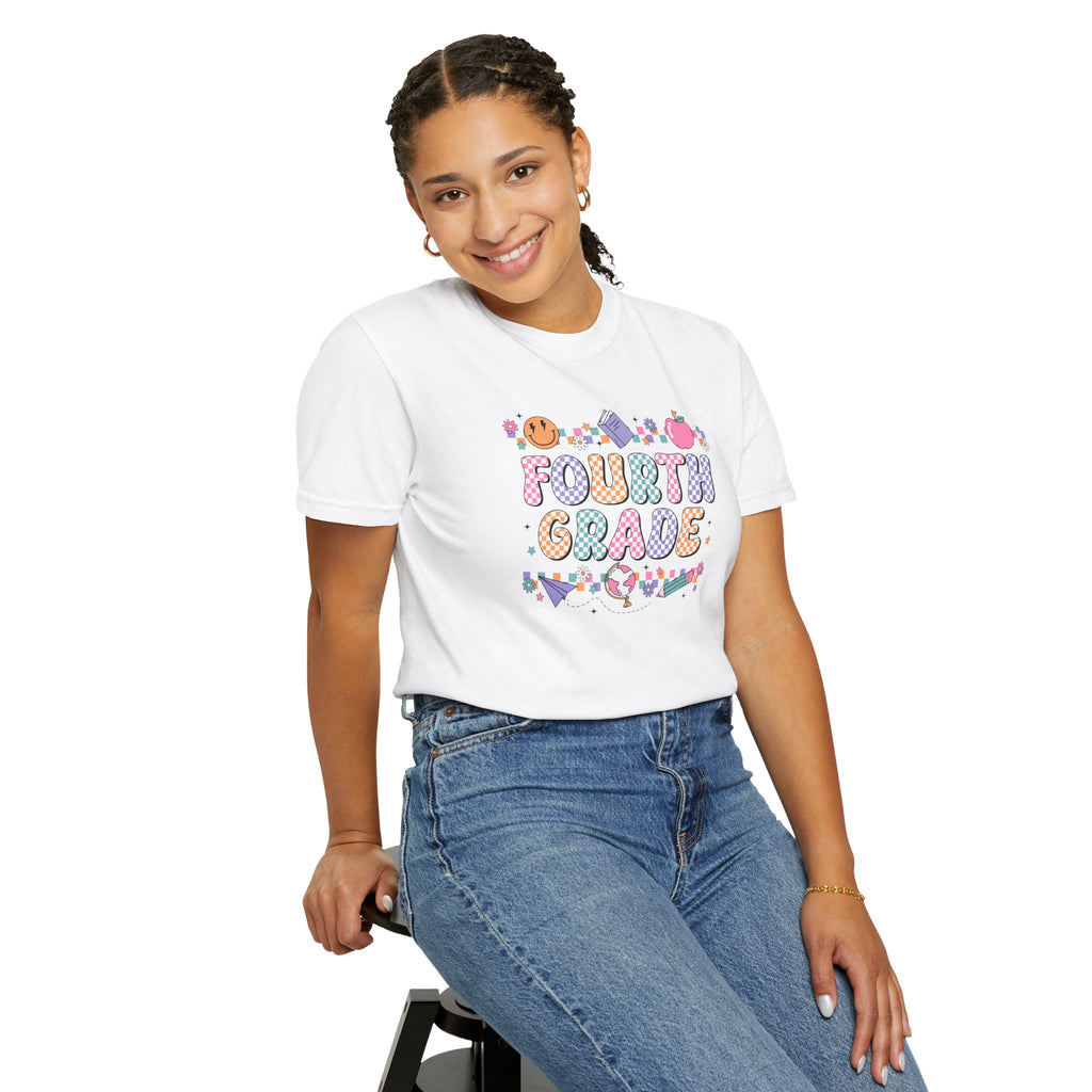 Fourth Grade Groovy Checkered Shirt - Comfort Colors 1717 Teacher Shirt - Back to School Tee - Retro Teacher Gift