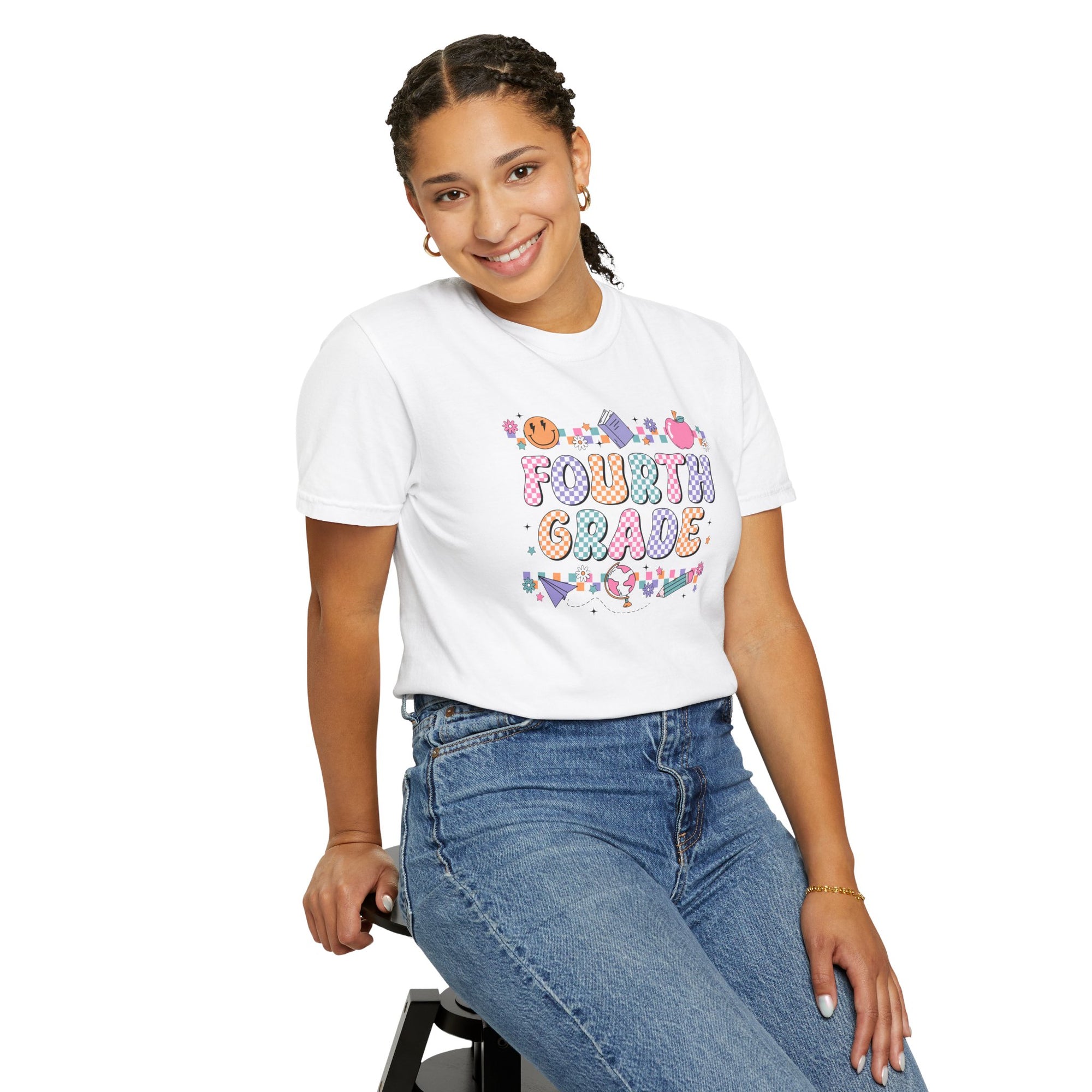 Fourth Grade Groovy Checkered Shirt - Comfort Colors 1717 Teacher Shirt - Back to School Tee - Retro Teacher Gift