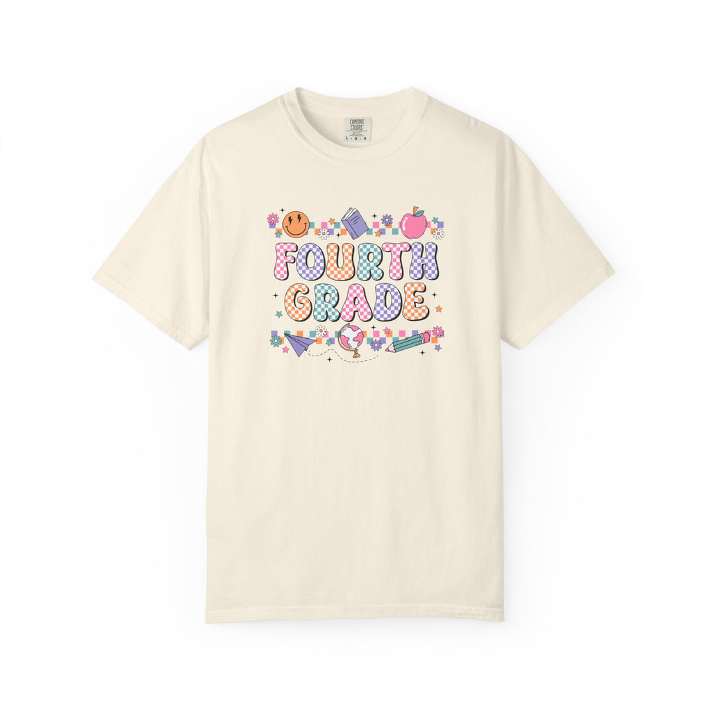 Fourth Grade Groovy Checkered Shirt - Comfort Colors 1717 Teacher Shirt - Back to School Tee - Retro Teacher Gift
