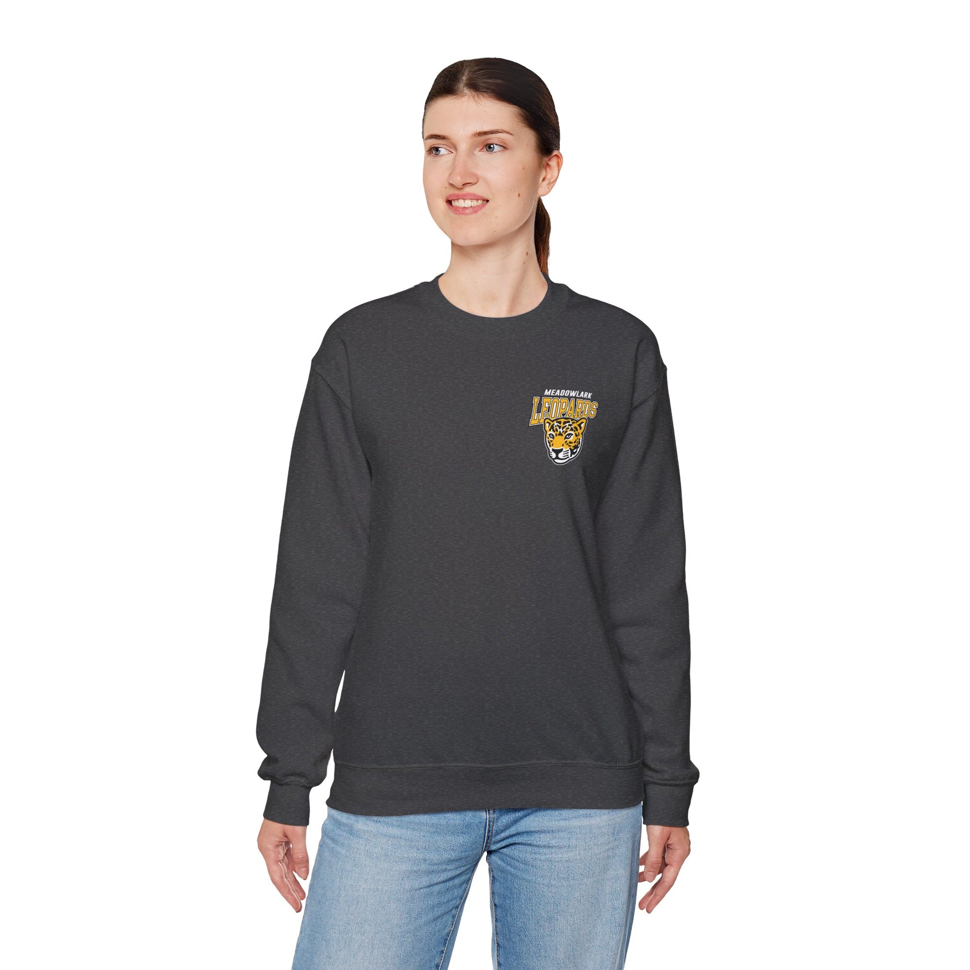 Meadowlark Leopards Gildan Heavy Blend 18000 Crewneck | Classic Front Logo & Bold Back Design