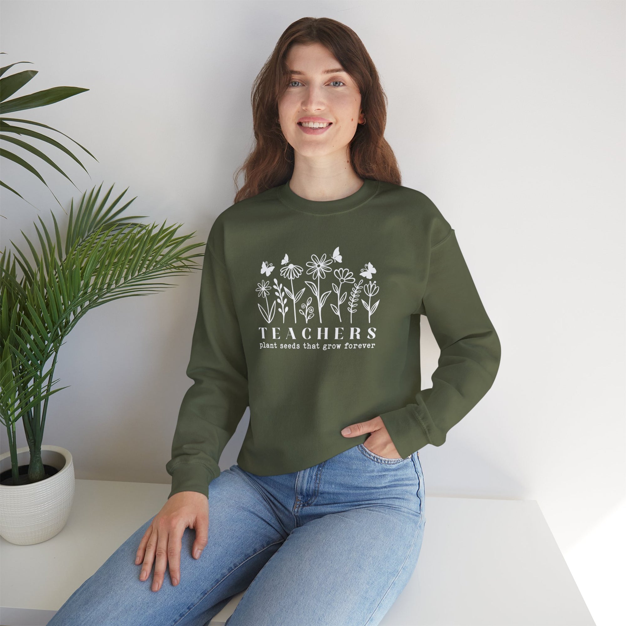 Teachers Plant Seeds That Grow Forever Sweatshirt | Gildan 18000 Crewneck Heavy Blend