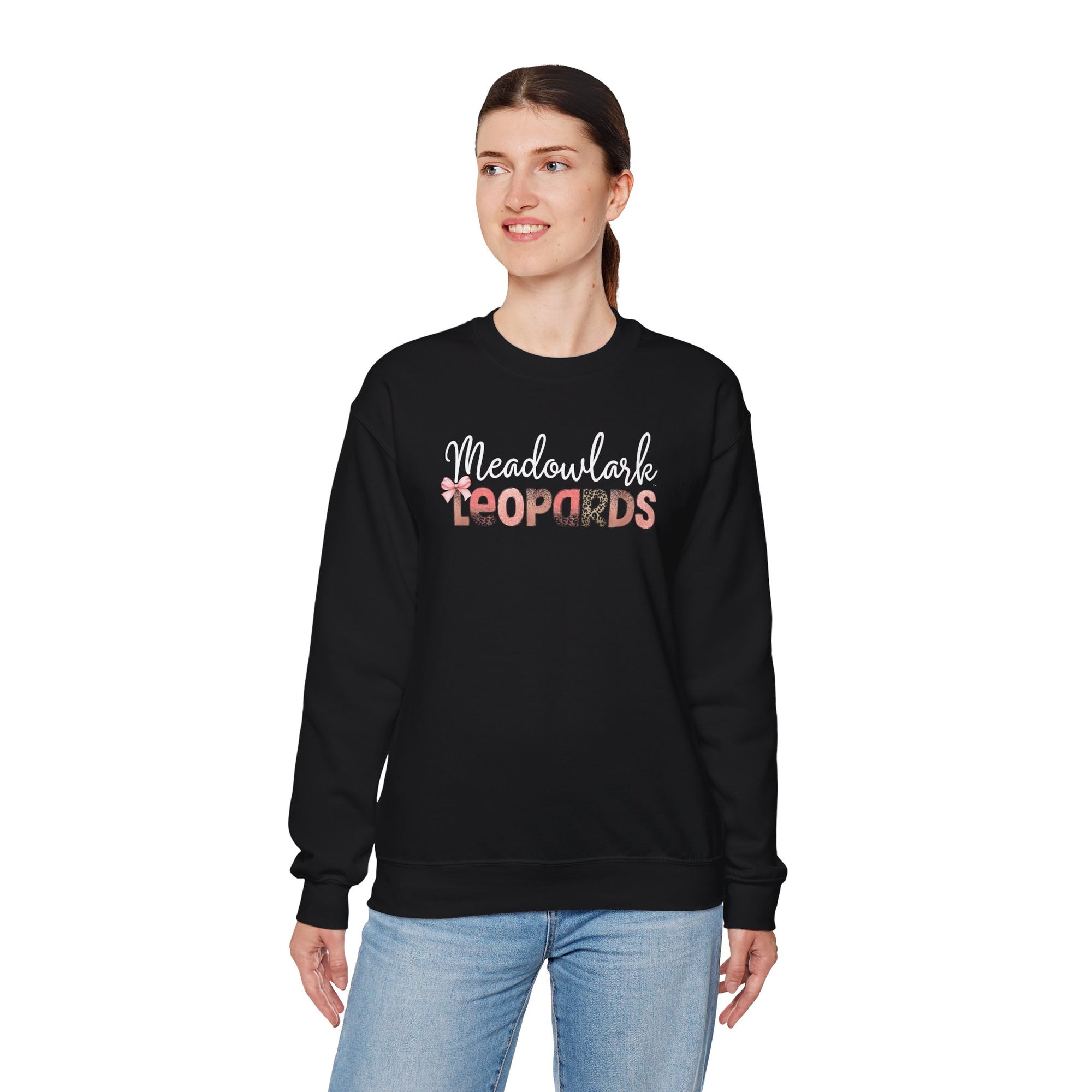 Meadowlark Leopards Crewneck Sweatshirt – Gildan Heavy Blend 18000 – Pink & Leopard Print School Spirit – Teacher Sweatshirt