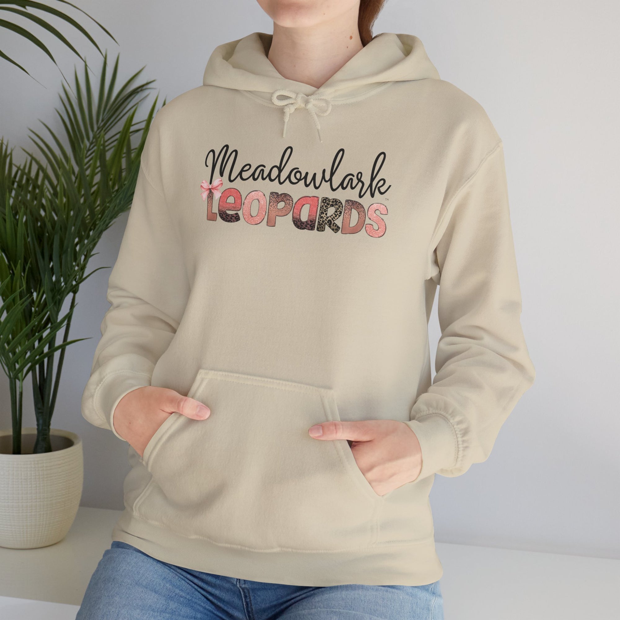 Meadowlark Leopards Hoodie – Pink Mock Glitter & Leopard Print Design with Bow | Gildan Heavy Blend Hooded Sweatshirt | School Spirit Wear