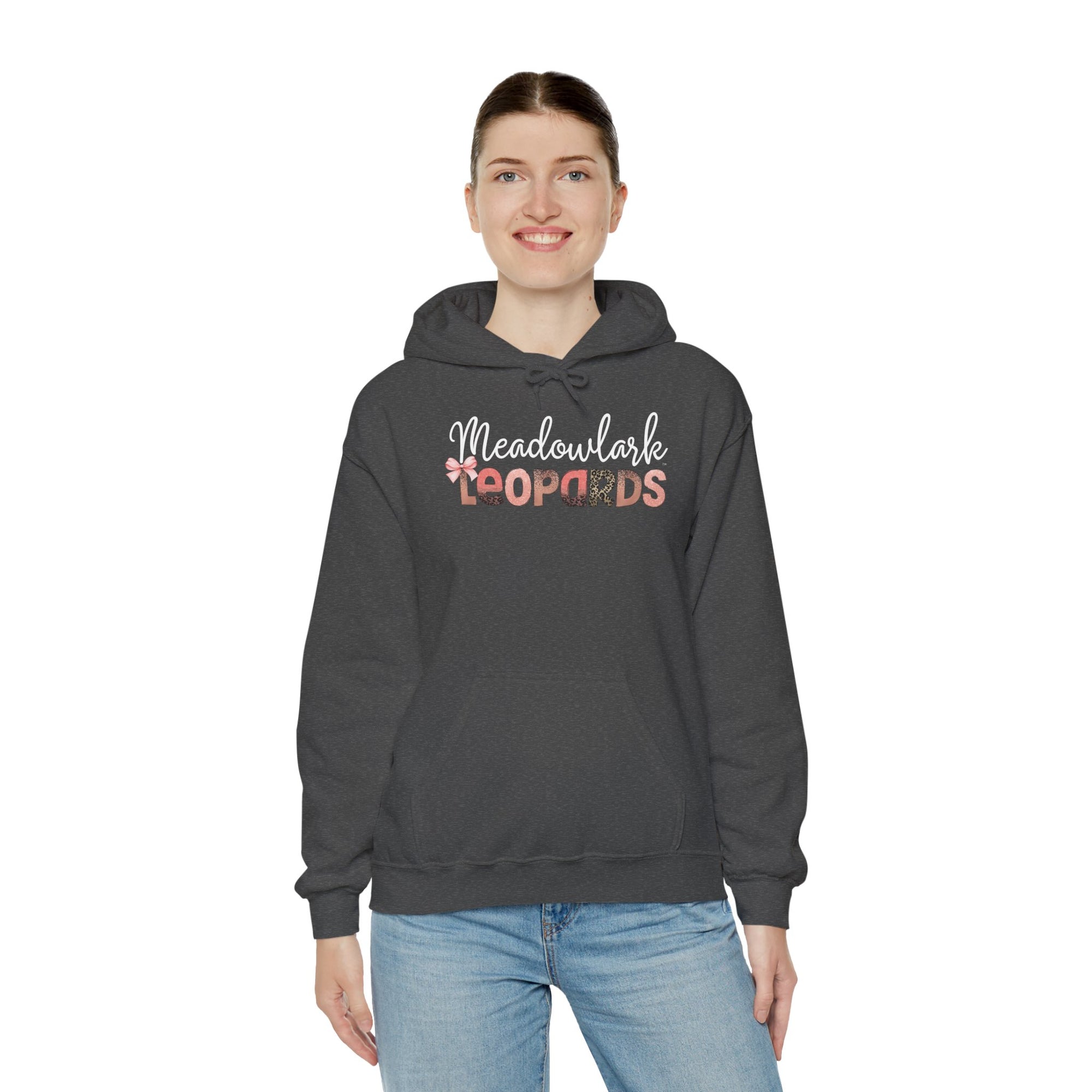 Meadowlark Leopards Hoodie – Pink Mock Glitter & Leopard Print Design with Bow | Gildan Heavy Blend Hooded Sweatshirt | School Spirit Wear