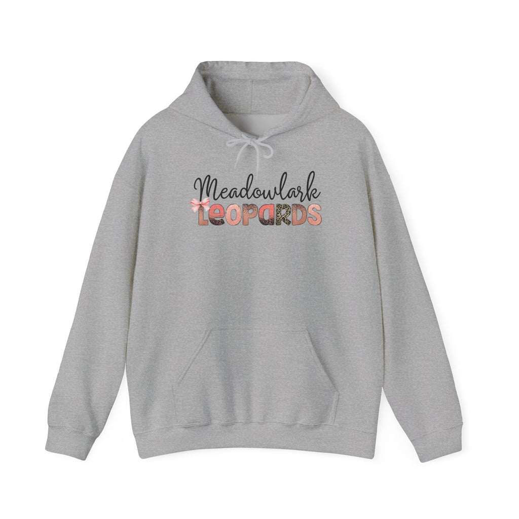 Meadowlark Leopards Hoodie – Pink Mock Glitter & Leopard Print Design with Bow | Gildan Heavy Blend Hooded Sweatshirt | School Spirit Wear