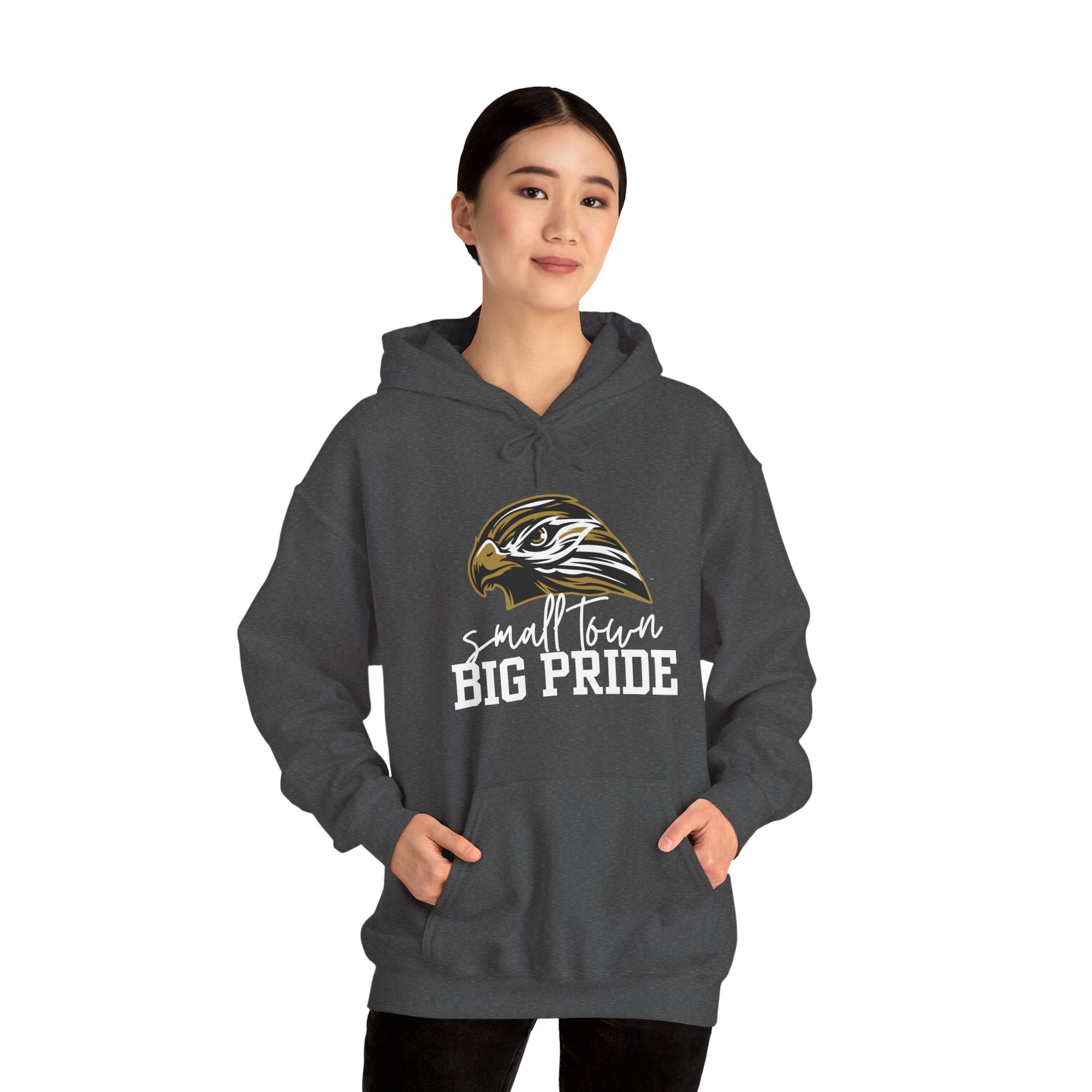 Small Town, Big Pride- Gildan Heavy Blend Unisex Hoodie – Hawk Mascot Sweatshirt