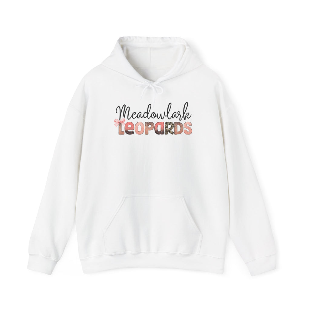 Meadowlark Leopards Hoodie – Pink Mock Glitter & Leopard Print Design with Bow | Gildan Heavy Blend Hooded Sweatshirt | School Spirit Wear