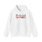 Meadowlark Leopards Hoodie – Pink Mock Glitter & Leopard Print Design with Bow | Gildan Heavy Blend Hooded Sweatshirt | School Spirit Wear