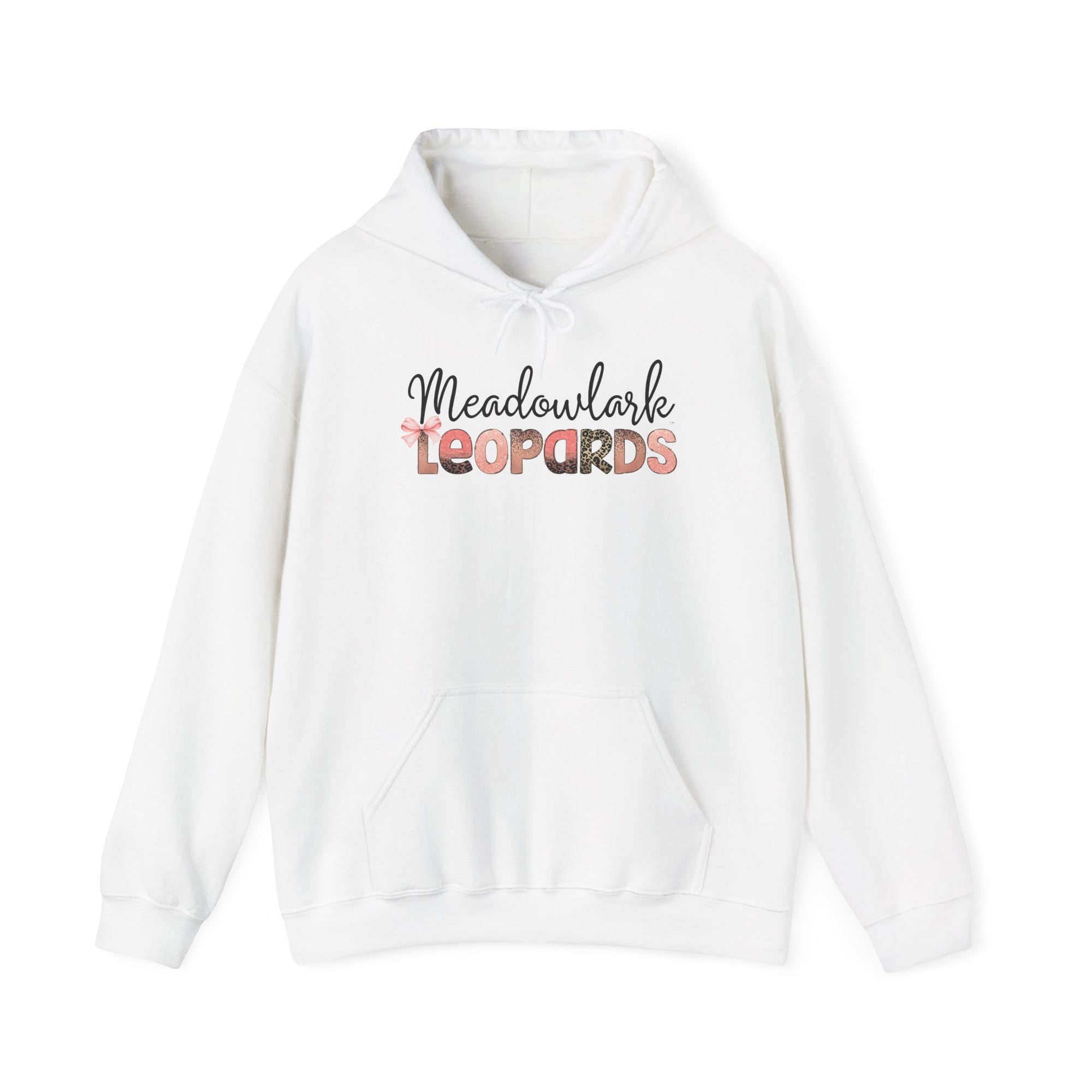 Meadowlark Leopards Hoodie – Pink Mock Glitter & Leopard Print Design with Bow | Gildan Heavy Blend Hooded Sweatshirt | School Spirit Wear