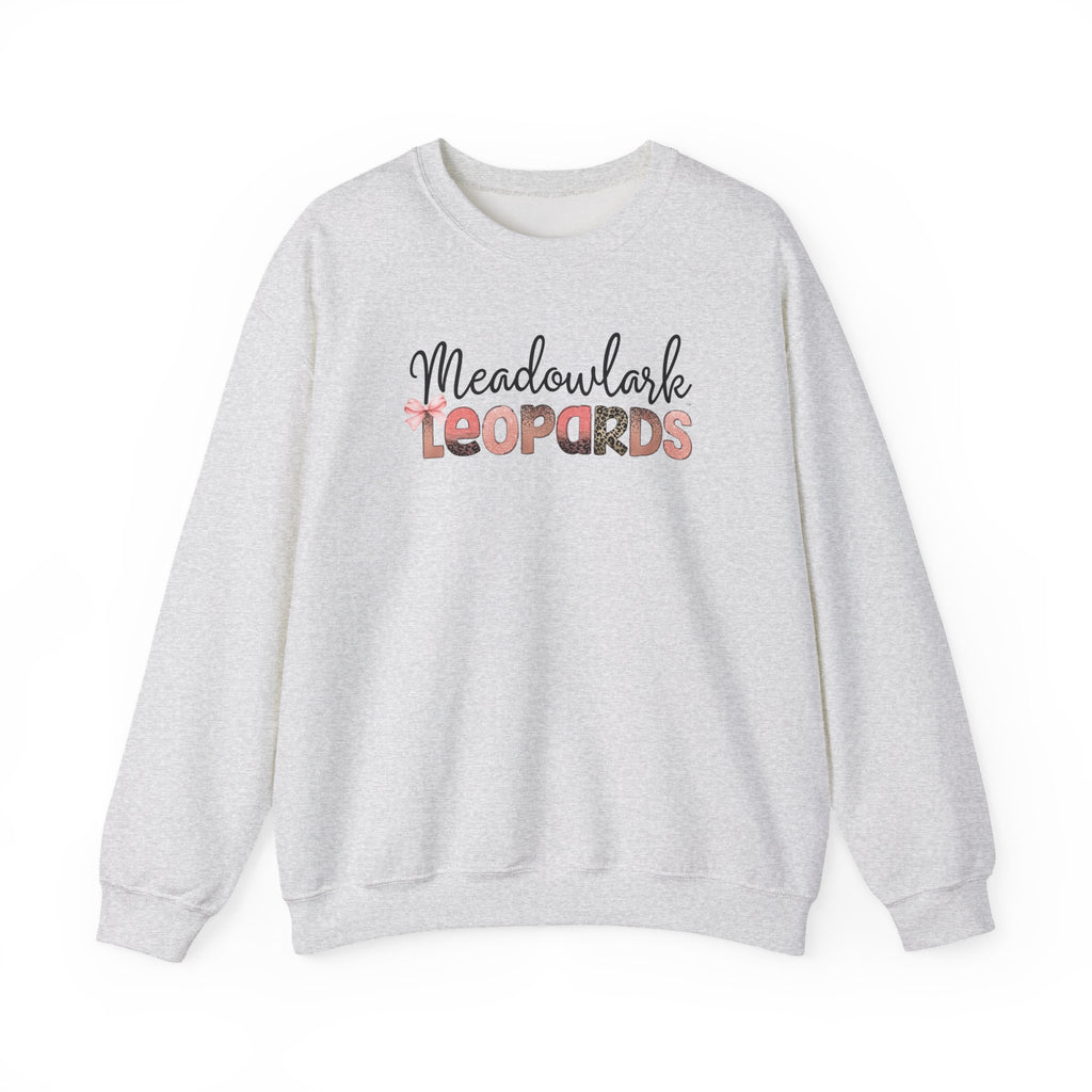 Meadowlark Leopards Crewneck Sweatshirt – Gildan Heavy Blend 18000 – Pink & Leopard Print School Spirit – Teacher Sweatshirt