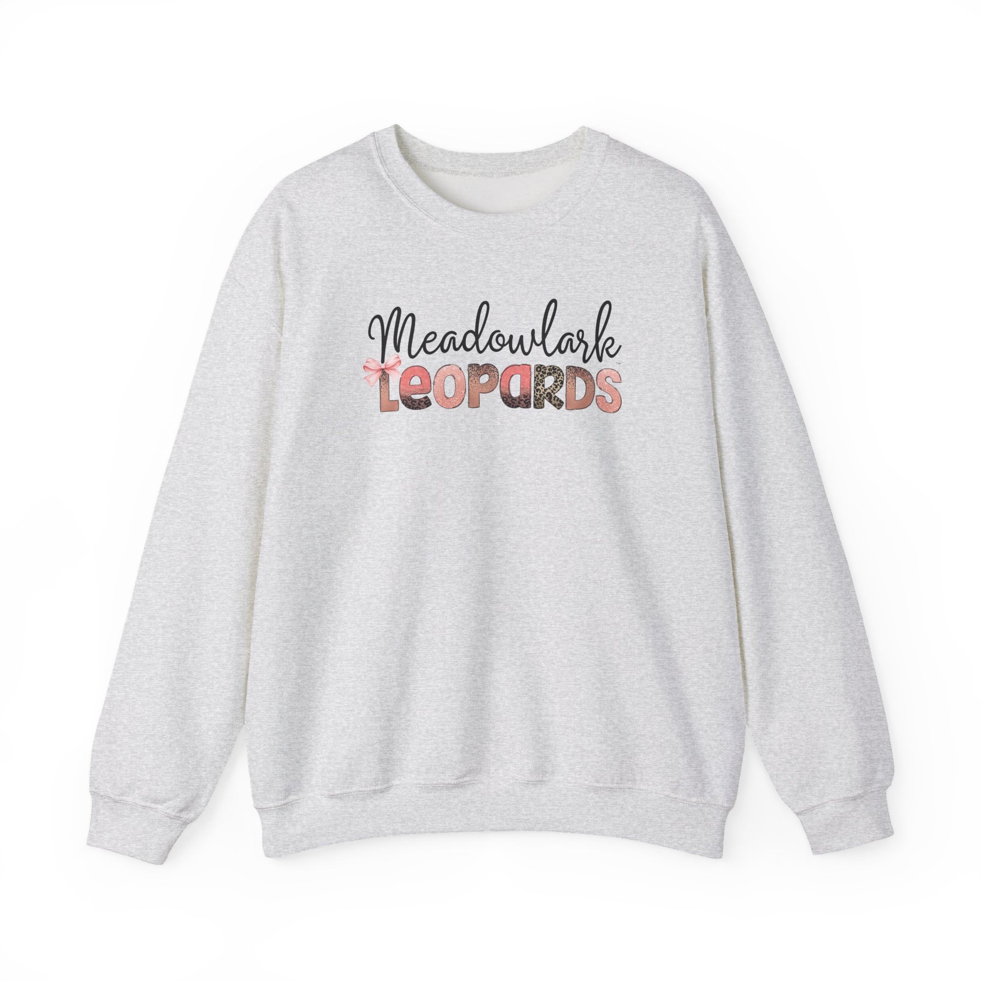 Meadowlark Leopards Crewneck Sweatshirt – Gildan Heavy Blend 18000 – Pink & Leopard Print School Spirit – Teacher Sweatshirt