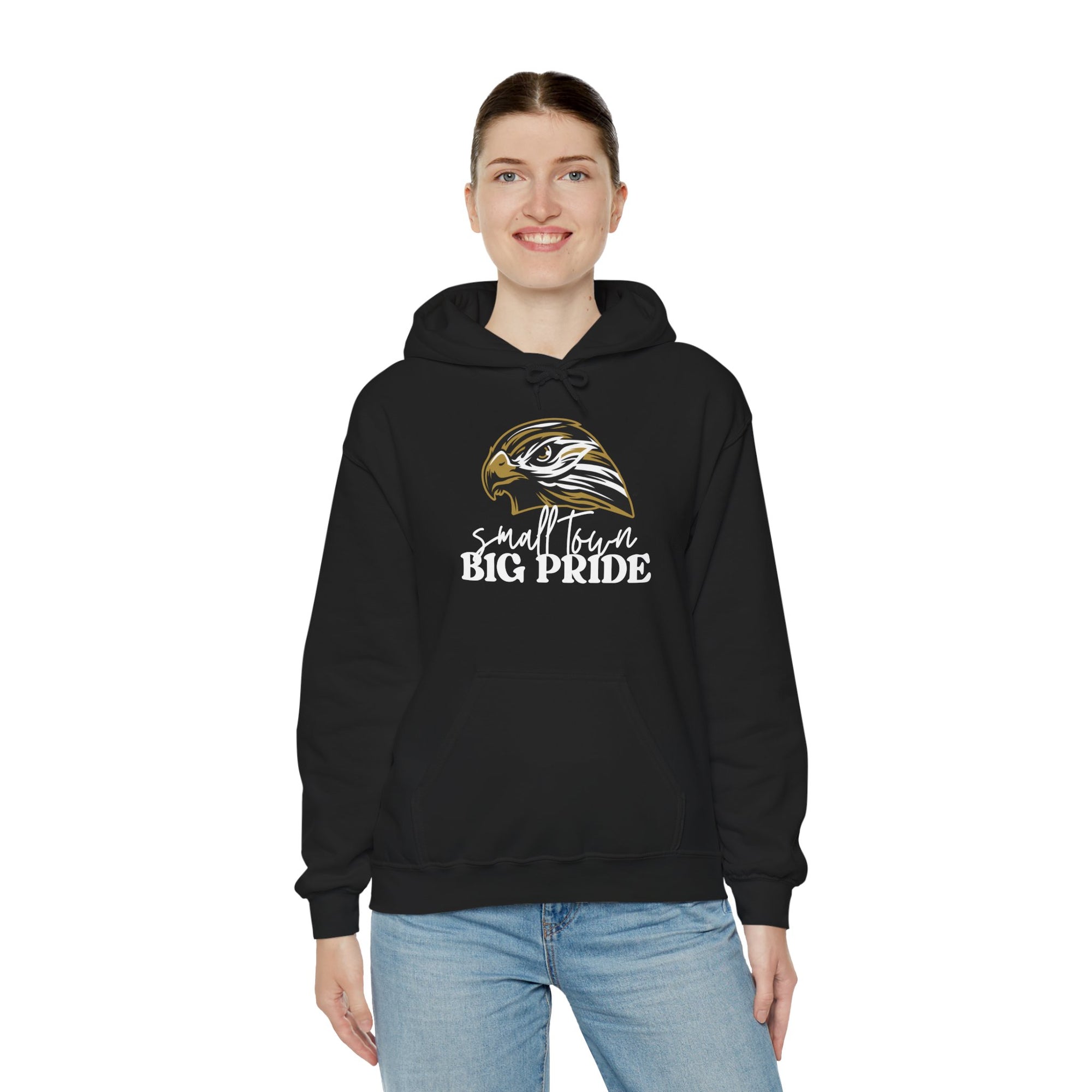 Small Town, Big Pride Gildan Heavy Blend Unisex Hoodie – Hawk Mascot Sweatshirt