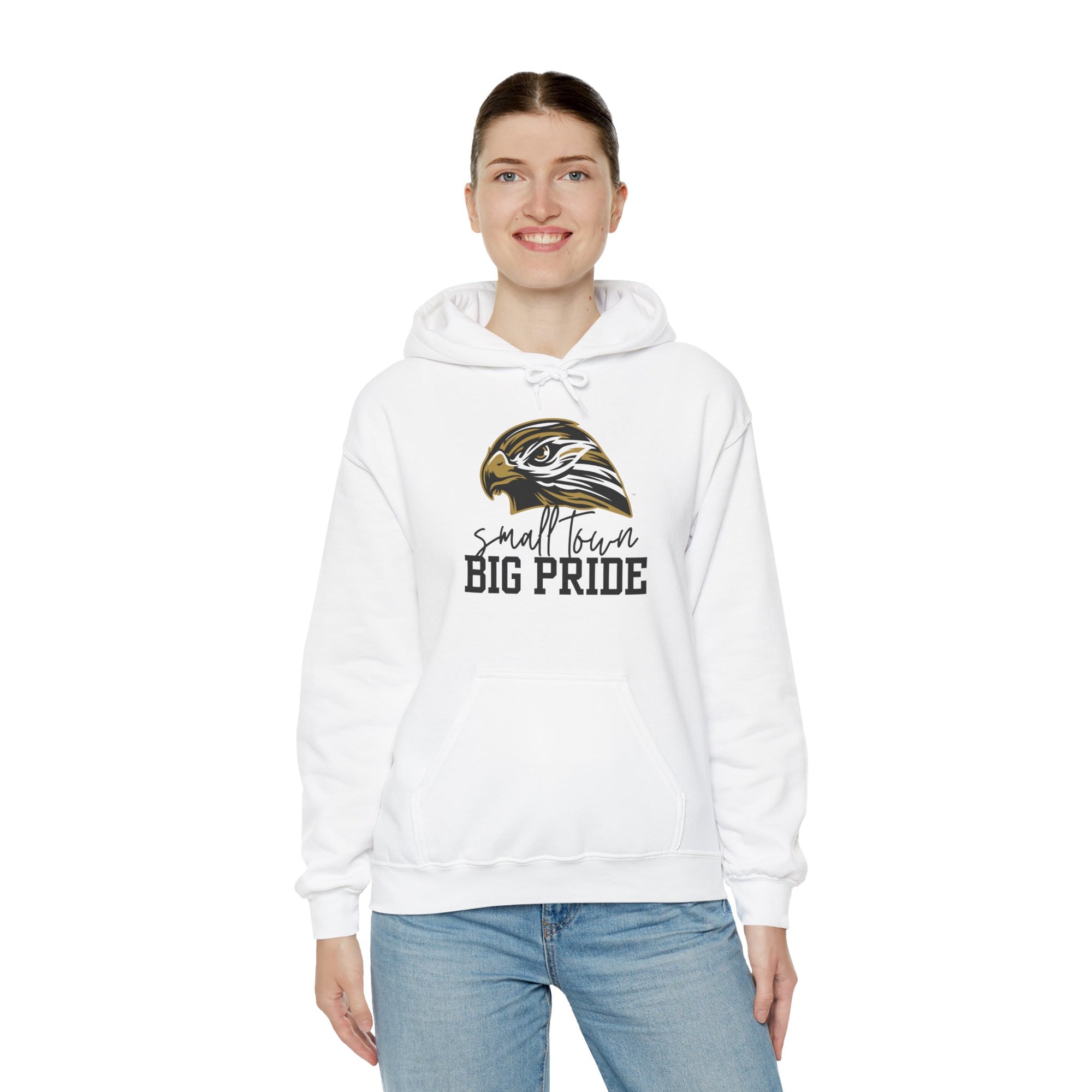 LOCAL PICK UP- Small Town, Big Pride- Gildan Heavy Blend Unisex Hoodie – Hawk Mascot Sweatshirt