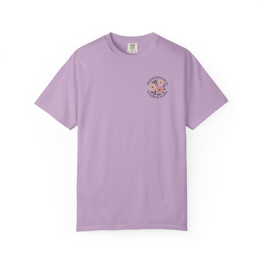Motherhood is Kingdom Work 💕 Comfort Colors T-Shirt – Floral Christian Mom Tee | Proverbs 31:25-27