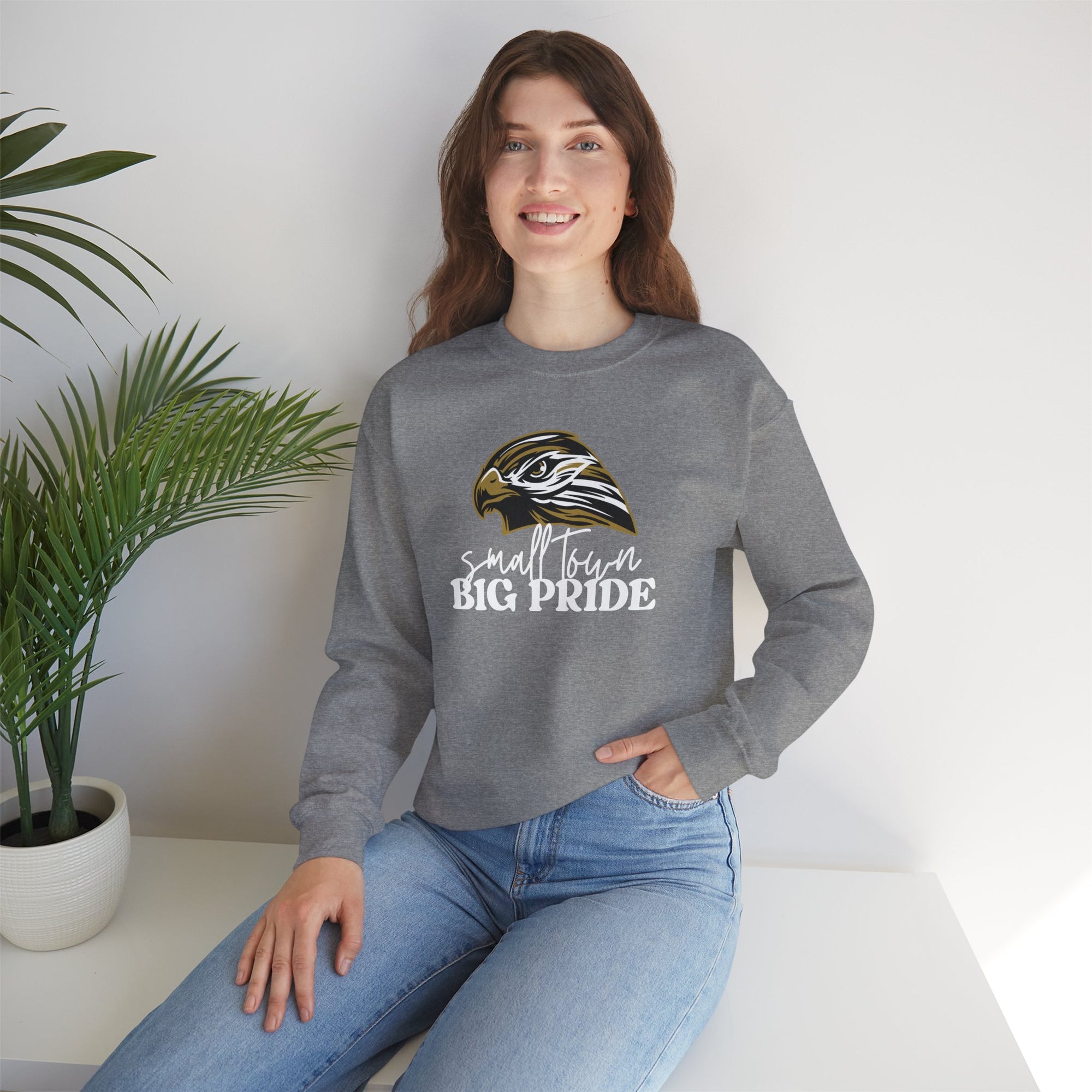 Small Town Big Pride Sweatshirt – Horace Hawks Mascot Crewneck – Gildan Unisex Heavy Blend – Small Town Spirit Wear – School Pride Pullover