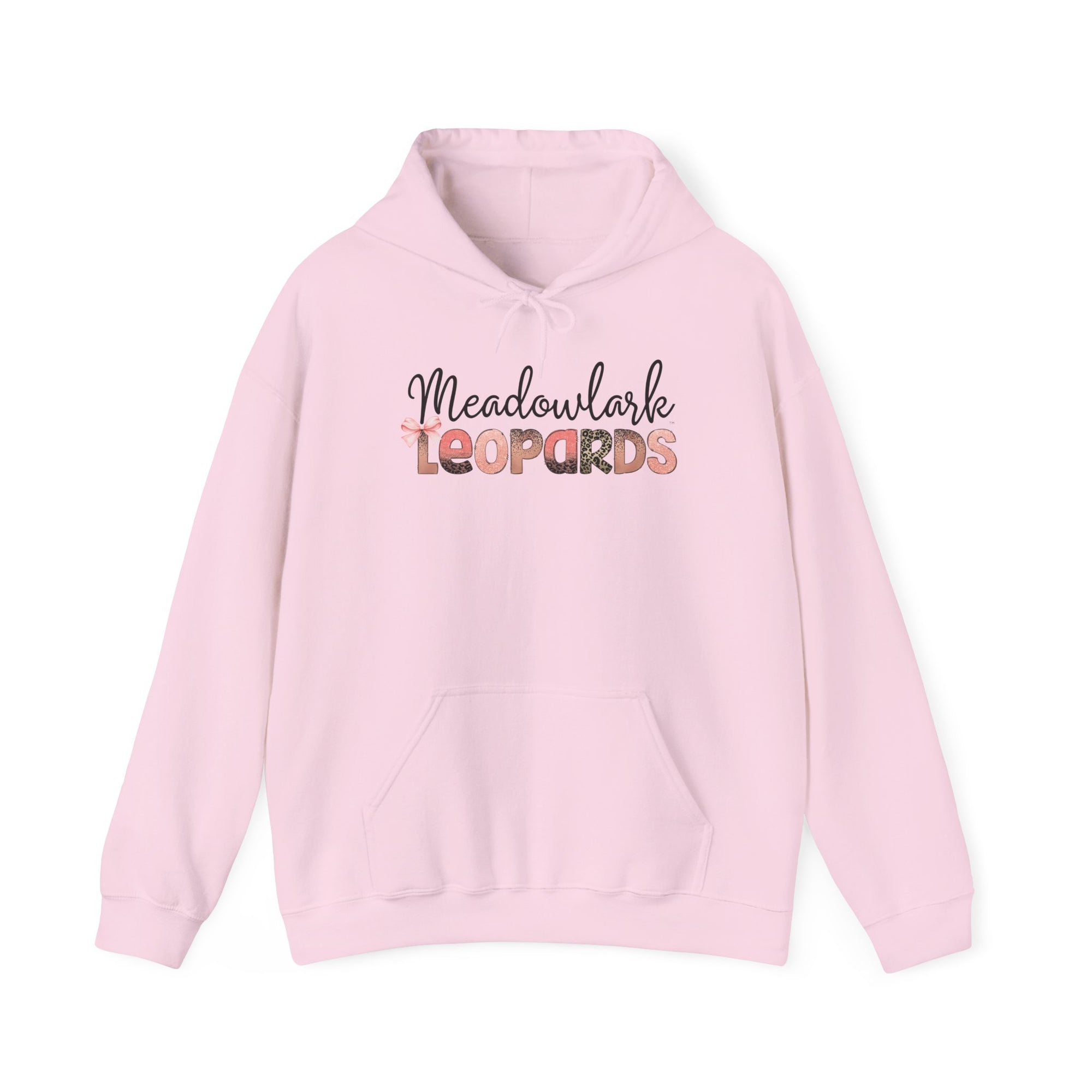Meadowlark Leopards Hoodie – Pink Mock Glitter & Leopard Print Design with Bow | Gildan Heavy Blend Hooded Sweatshirt | School Spirit Wear