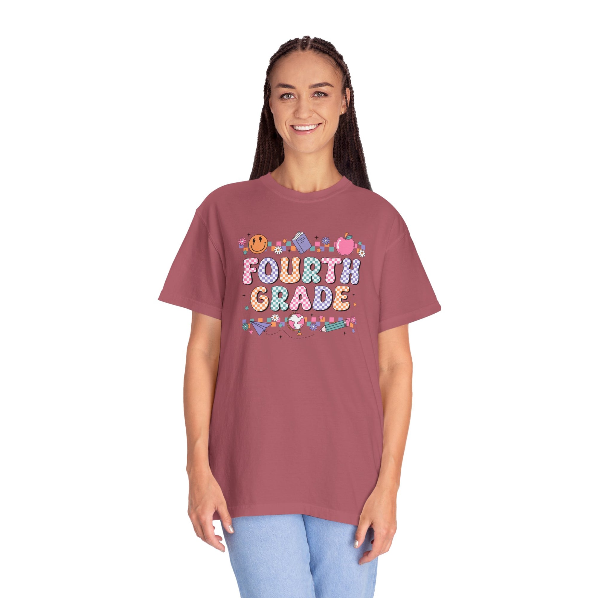 Fourth Grade Groovy Checkered Shirt - Comfort Colors 1717 Teacher Shirt - Back to School Tee - Retro Teacher Gift