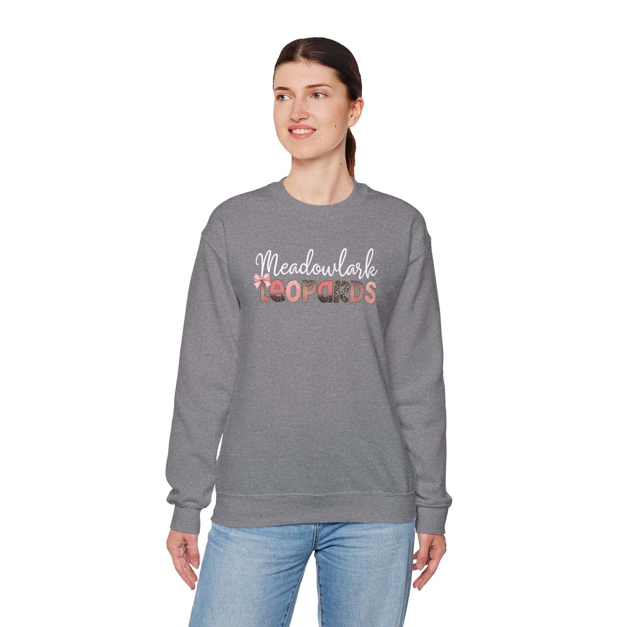 Meadowlark Leopards Crewneck Sweatshirt – Gildan Heavy Blend 18000 – Pink & Leopard Print School Spirit – Teacher Sweatshirt