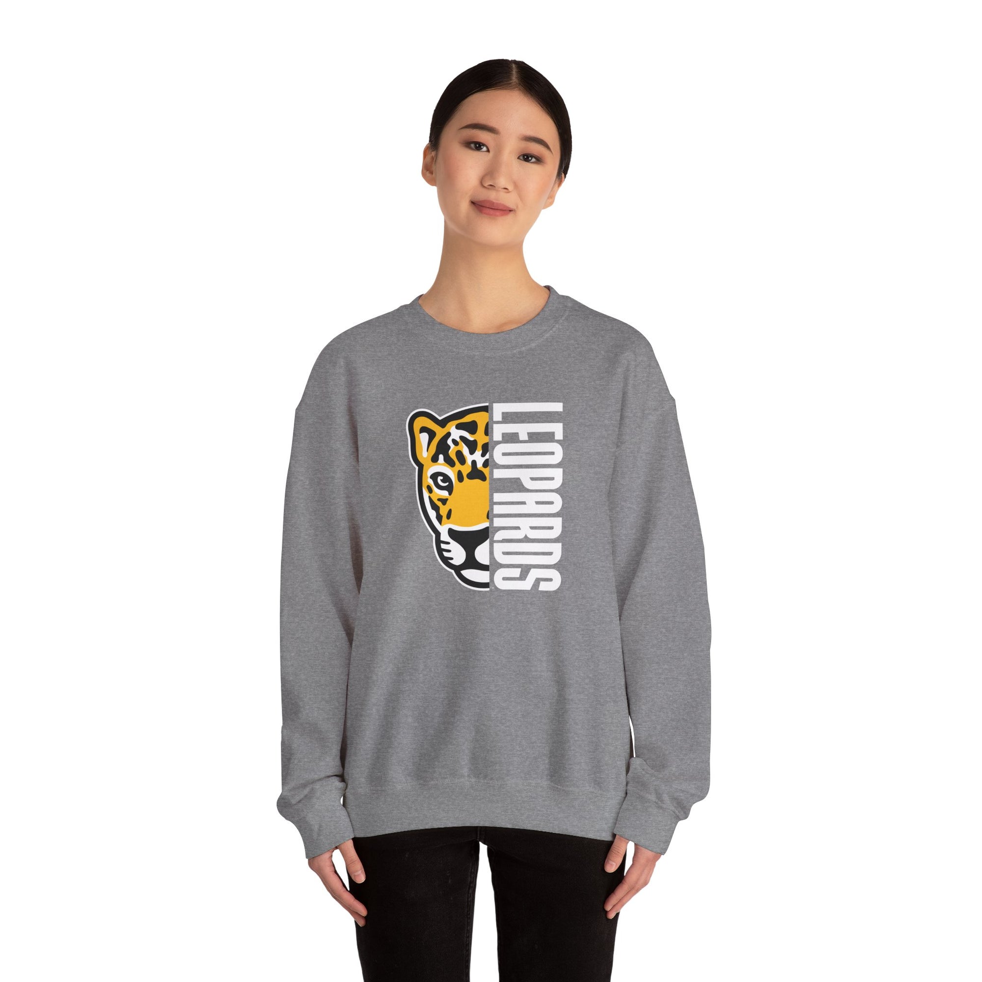 Leopards Mascot Crewneck Sweatshirt | Gildan Unisex Heavy Blend | School Spirit Wear | Teacher & Student Spirit Apparel