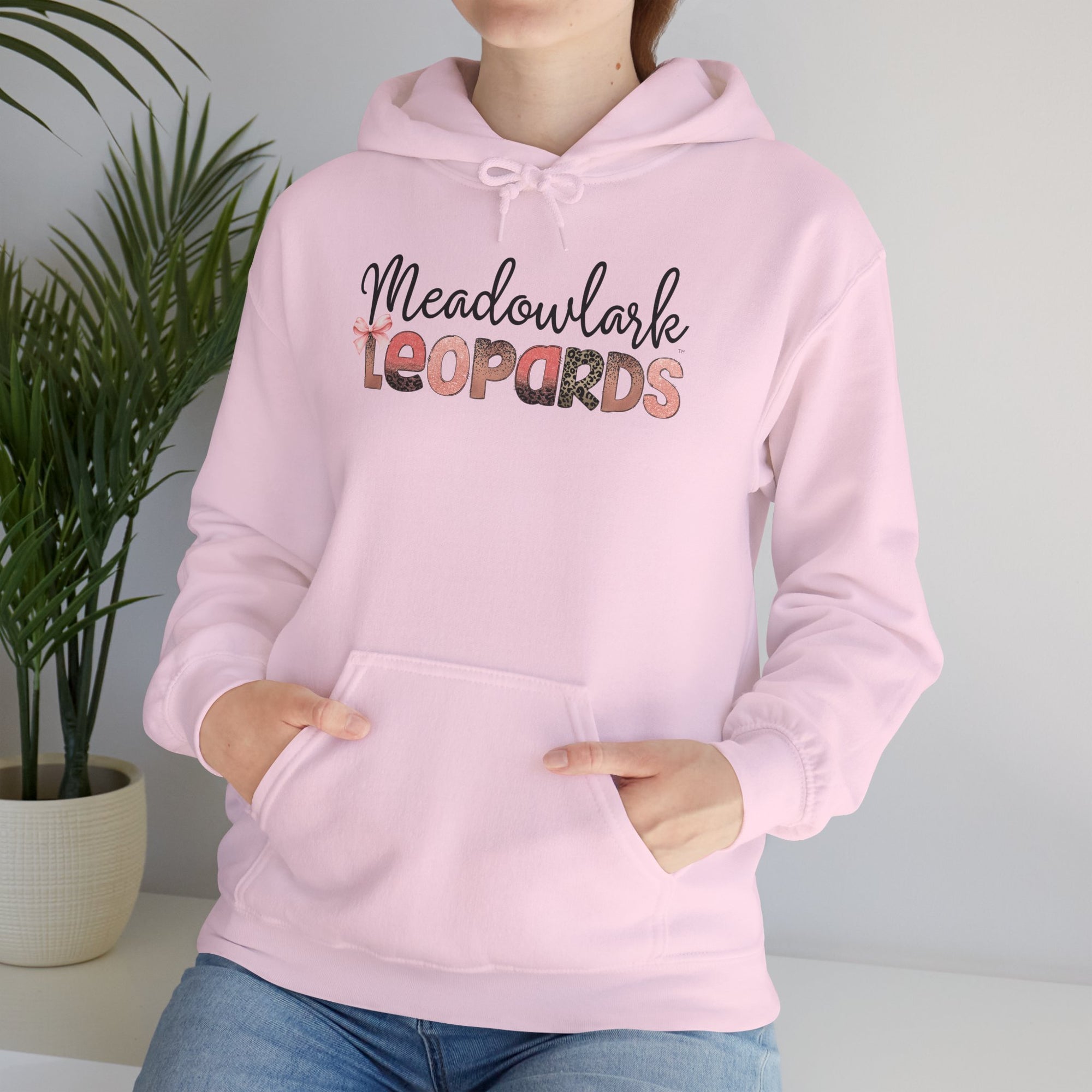 Meadowlark Leopards Hoodie – Pink Mock Glitter & Leopard Print Design with Bow | Gildan Heavy Blend Hooded Sweatshirt | School Spirit Wear