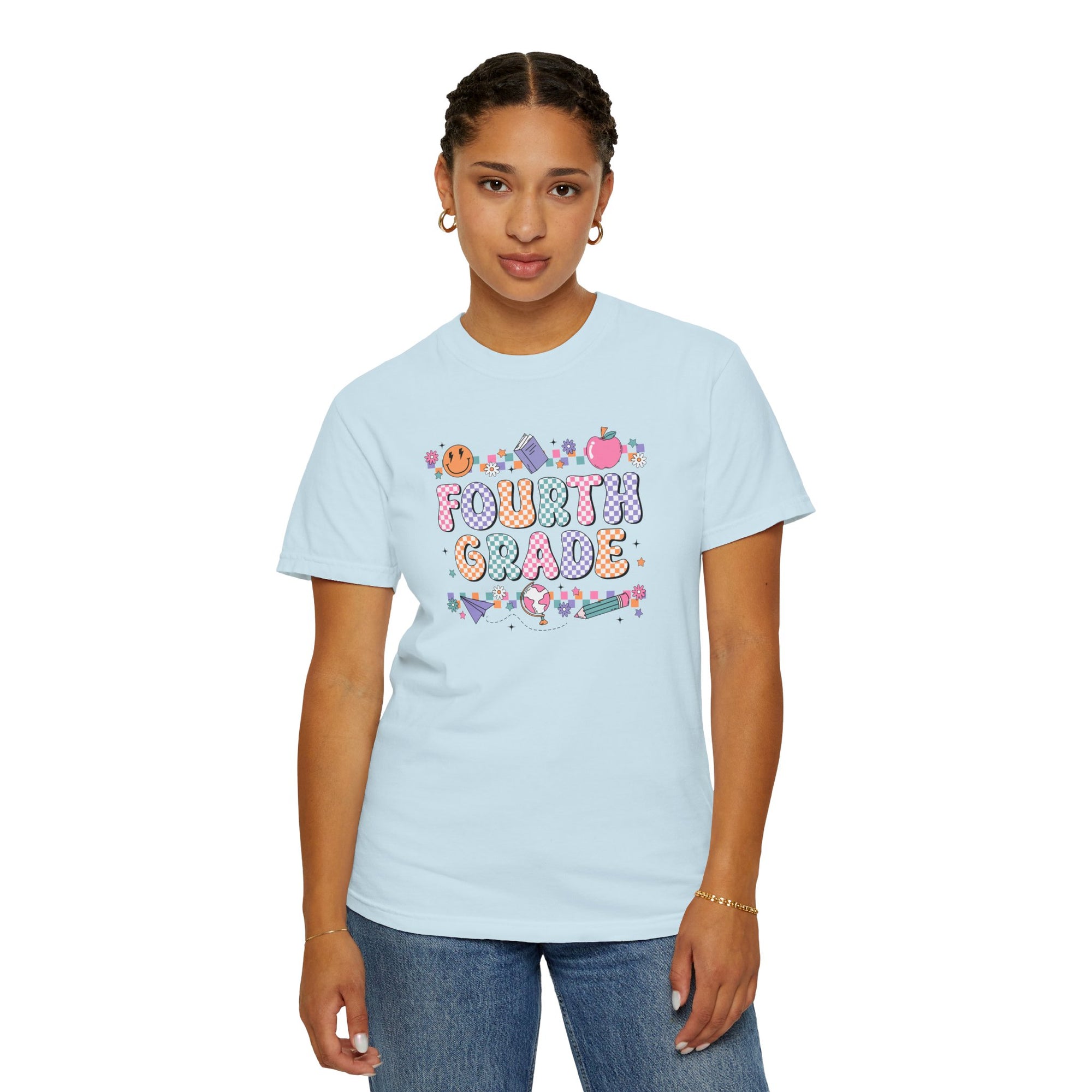 Fourth Grade Groovy Checkered Shirt - Comfort Colors 1717 Teacher Shirt - Back to School Tee - Retro Teacher Gift