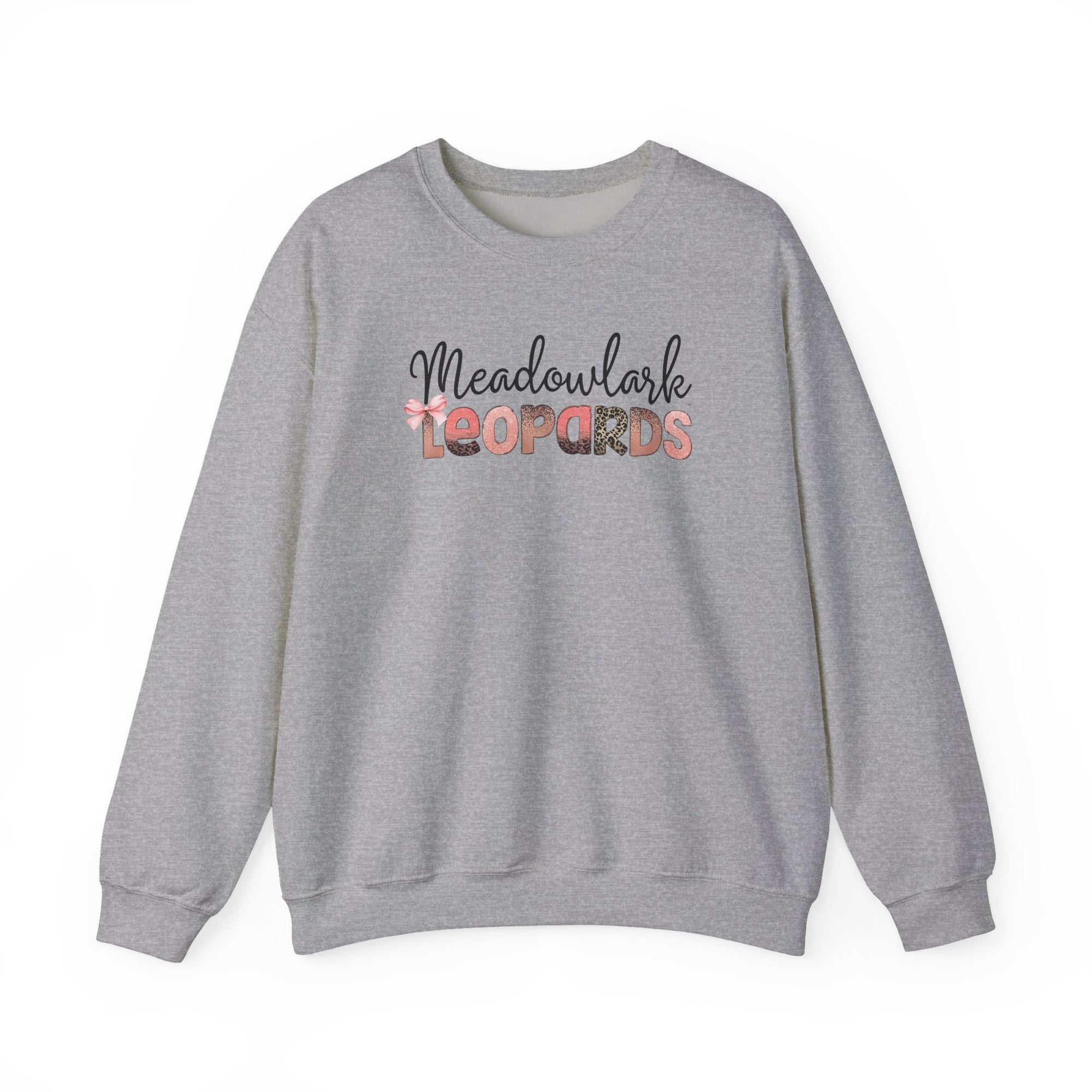 Meadowlark Leopards Crewneck Sweatshirt – Gildan Heavy Blend 18000 – Pink & Leopard Print School Spirit – Teacher Sweatshirt