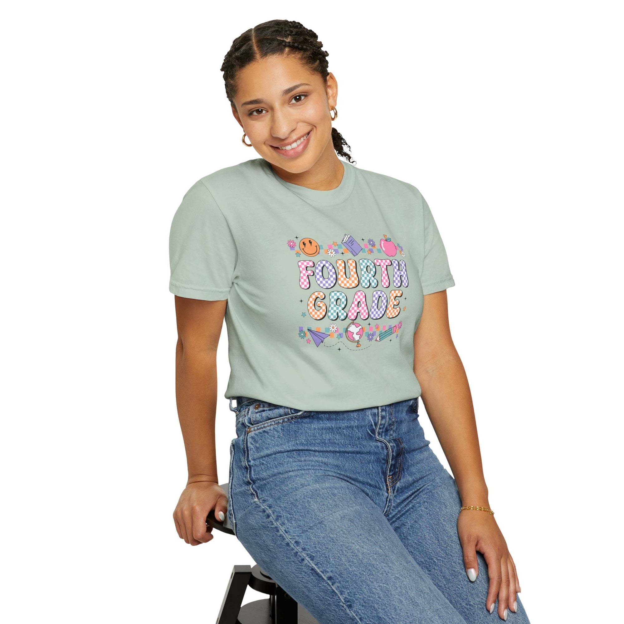 Fourth Grade Groovy Checkered Shirt - Comfort Colors 1717 Teacher Shirt - Back to School Tee - Retro Teacher Gift