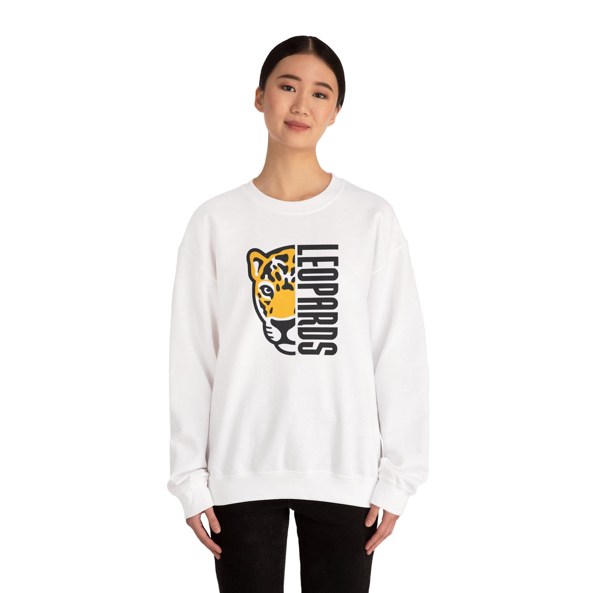 Leopards Mascot Crewneck Sweatshirt | Gildan Unisex Heavy Blend | School Spirit Wear | Teacher & Student Spirit Apparel