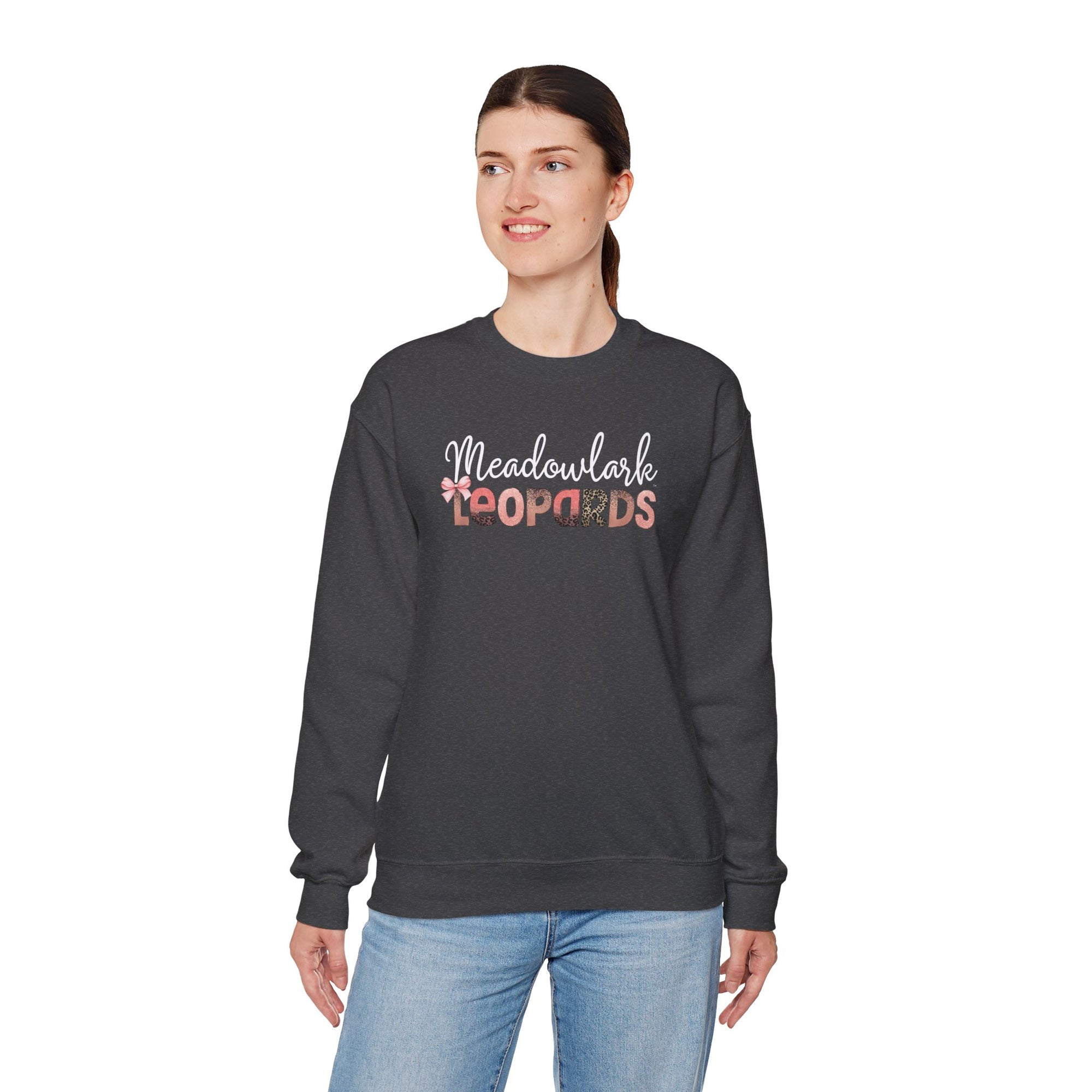 Meadowlark Leopards Crewneck Sweatshirt – Gildan Heavy Blend 18000 – Pink & Leopard Print School Spirit – Teacher Sweatshirt