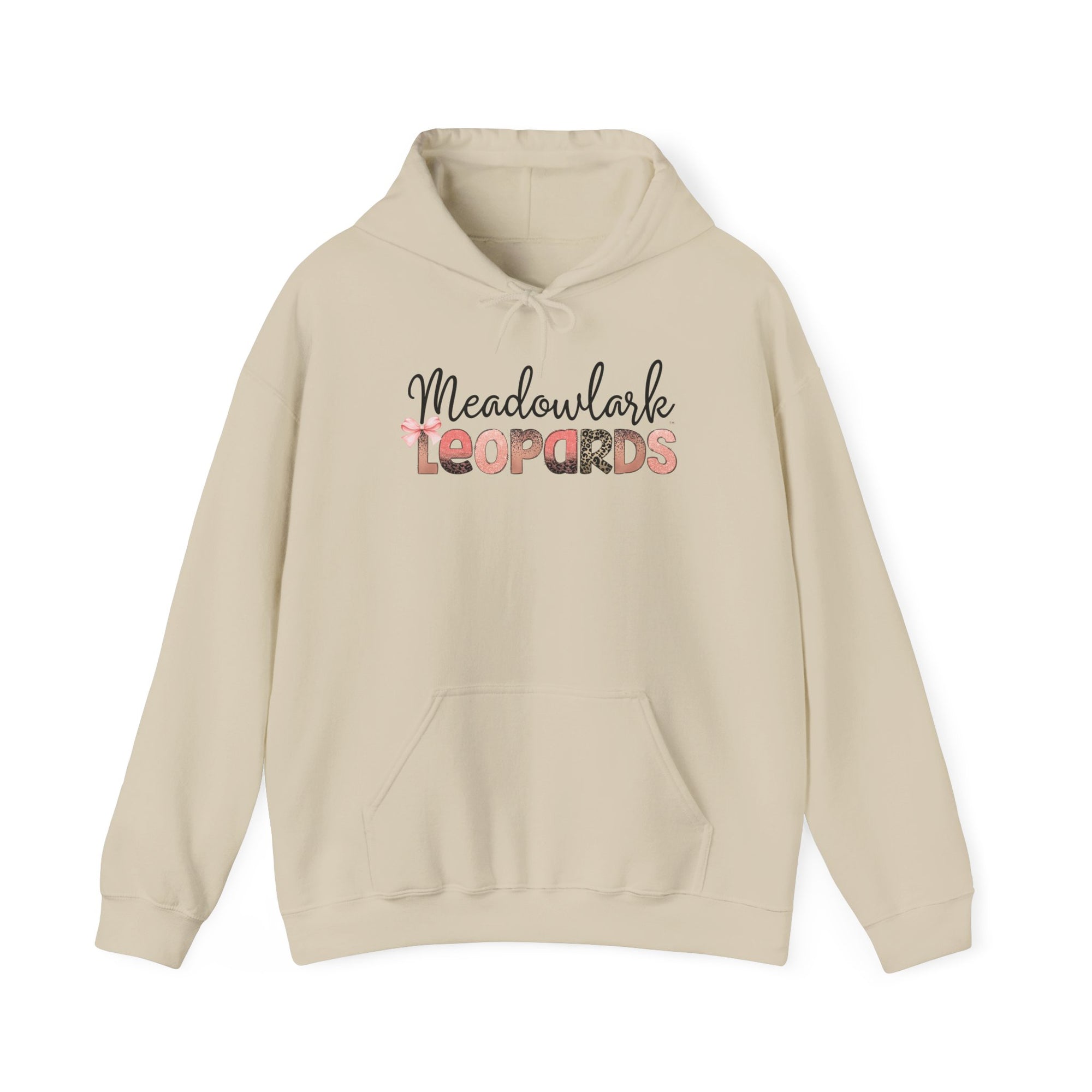 Meadowlark Leopards Hoodie – Pink Mock Glitter & Leopard Print Design with Bow | Gildan Heavy Blend Hooded Sweatshirt | School Spirit Wear