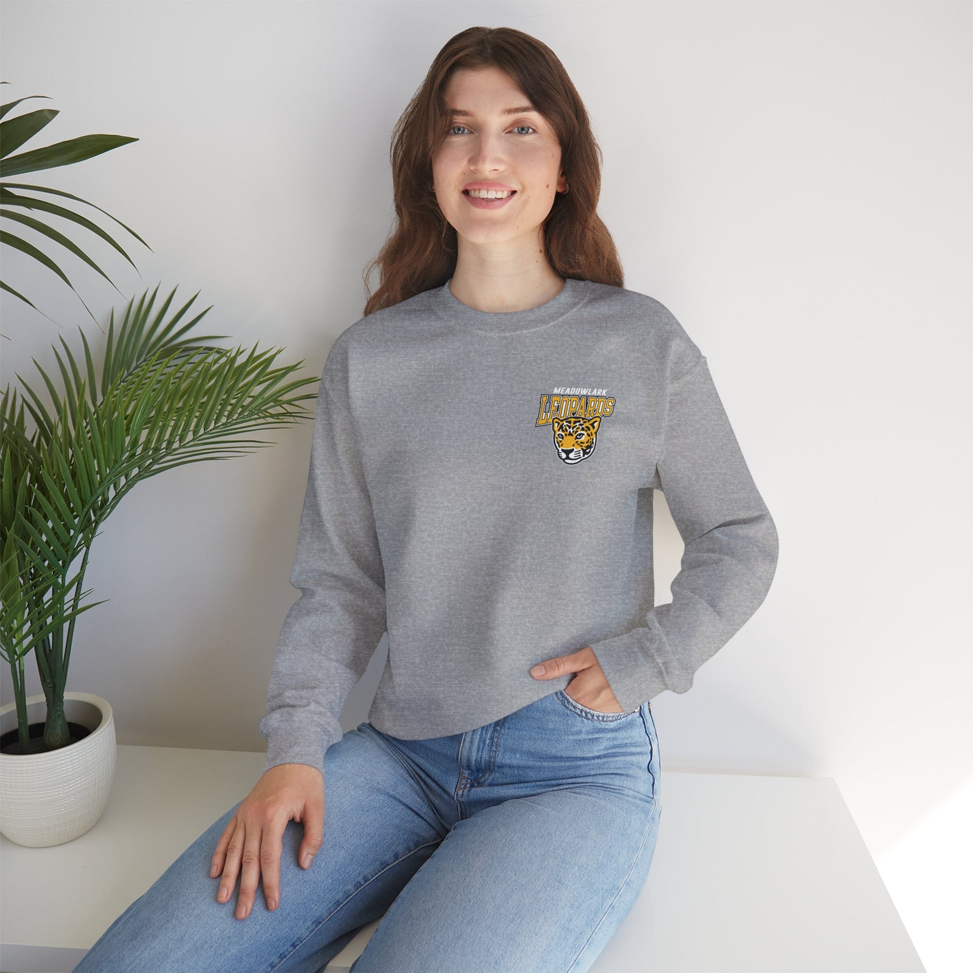 Meadowlark Leopards Gildan Heavy Blend 18000 Crewneck | Classic Front Logo & Bold Back Design