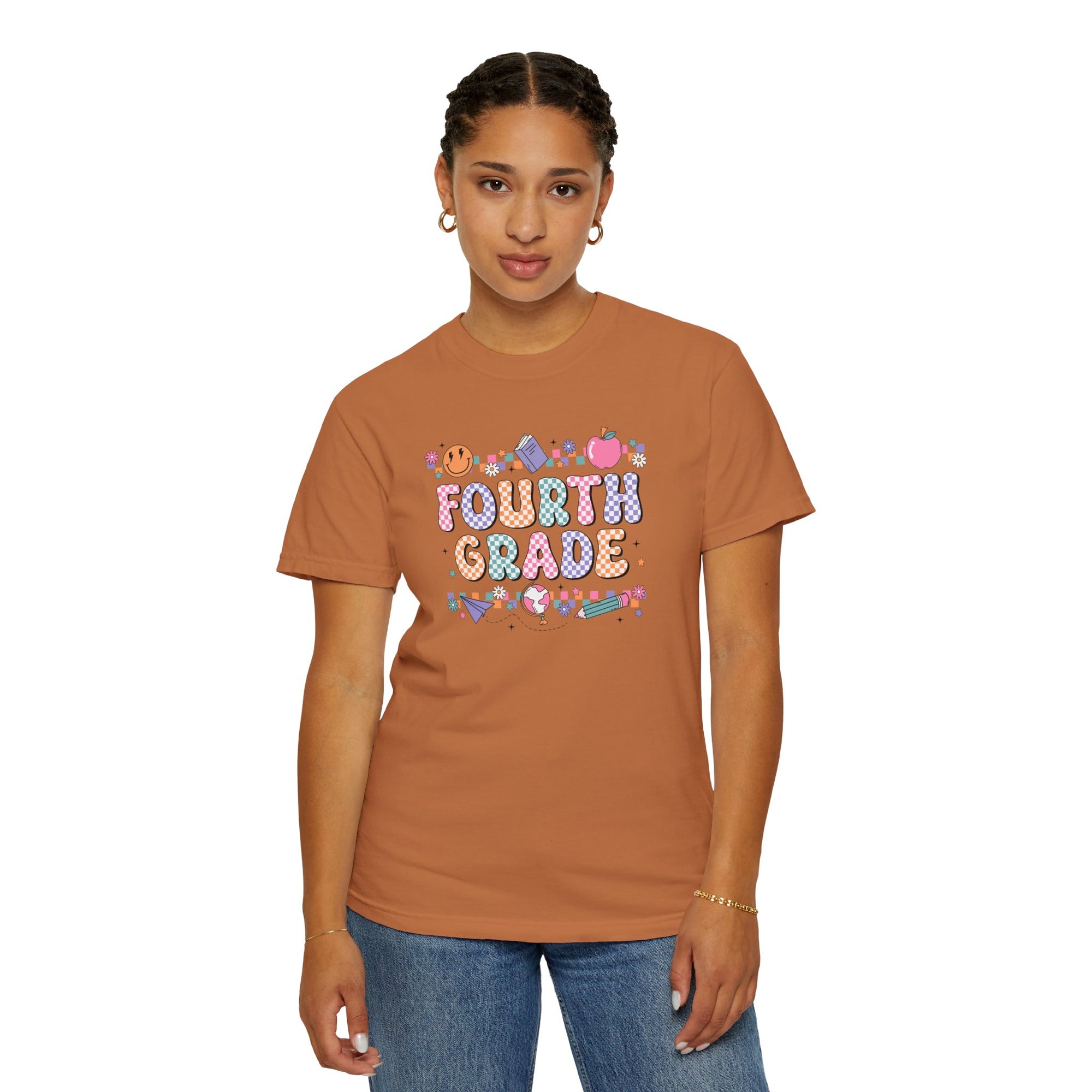 Fourth Grade Groovy Checkered Shirt - Comfort Colors 1717 Teacher Shirt - Back to School Tee - Retro Teacher Gift