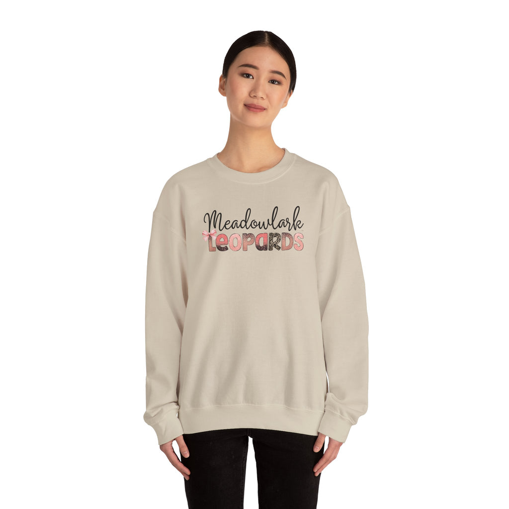 Meadowlark Leopards Crewneck Sweatshirt – Gildan Heavy Blend 18000 – Pink & Leopard Print School Spirit – Teacher Sweatshirt