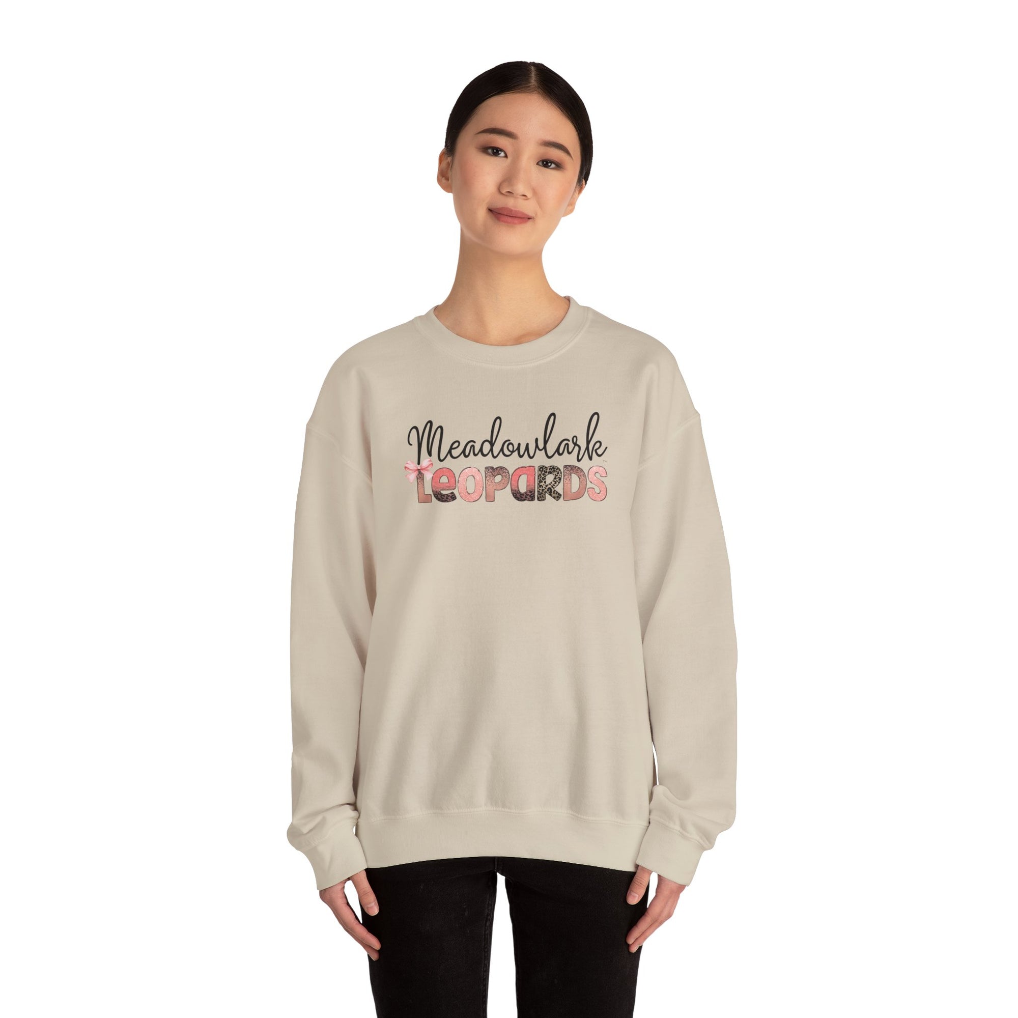 Meadowlark Leopards Crewneck Sweatshirt – Gildan Heavy Blend 18000 – Pink & Leopard Print School Spirit – Teacher Sweatshirt