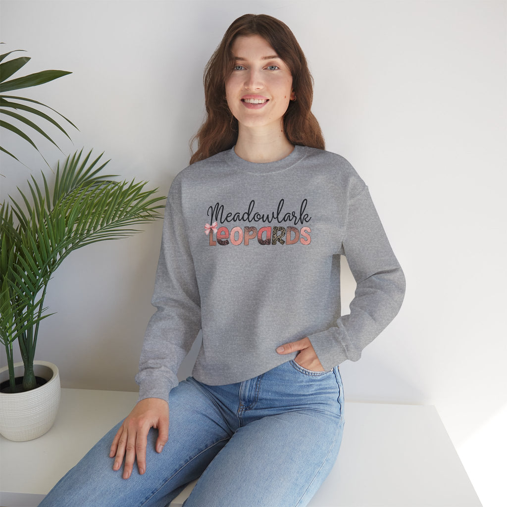 Meadowlark Leopards Crewneck Sweatshirt – Gildan Heavy Blend 18000 – Pink & Leopard Print School Spirit – Teacher Sweatshirt