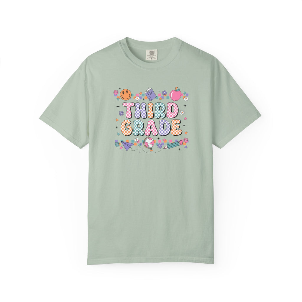Third Grade Groovy Checkered Shirt - Comfort Colors 1717 Teacher Shirt - Back to School Tee - Retro Teacher Gift