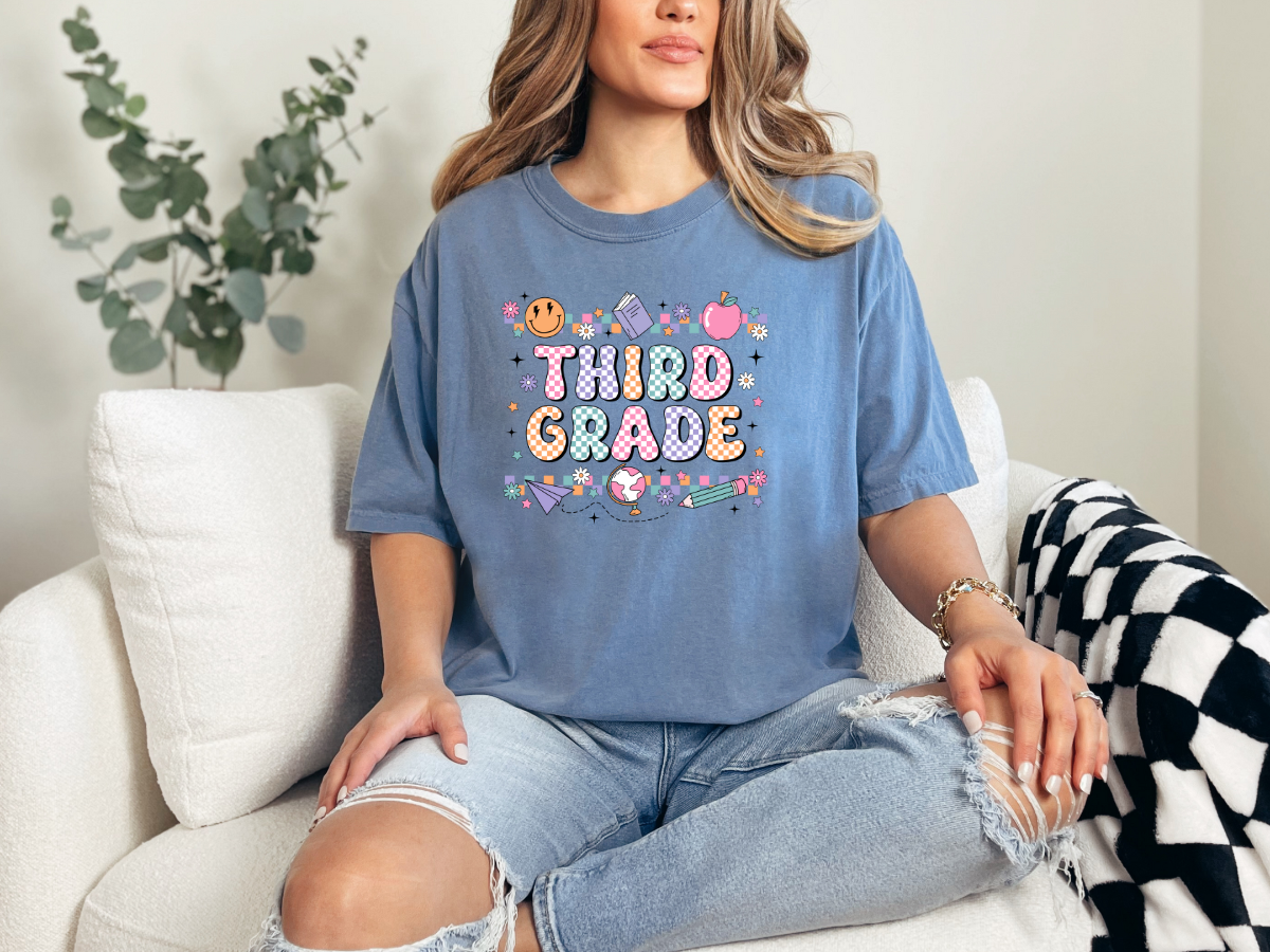 Third Grade Groovy Checkered Shirt - Comfort Colors 1717 Teacher Shirt - Back to School Tee - Retro Teacher Gift