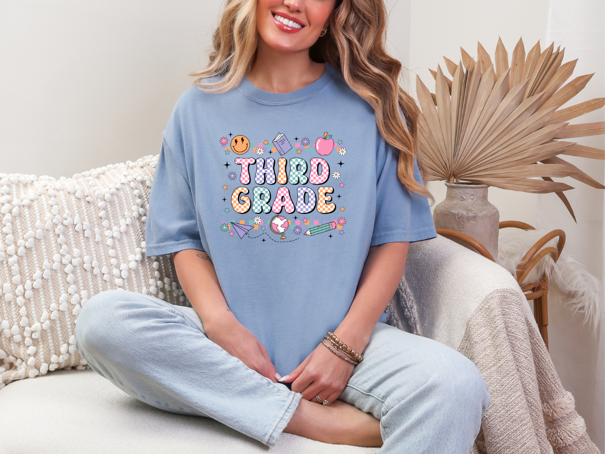 Third Grade Groovy Checkered Shirt - Comfort Colors 1717 Teacher Shirt - Back to School Tee - Retro Teacher Gift