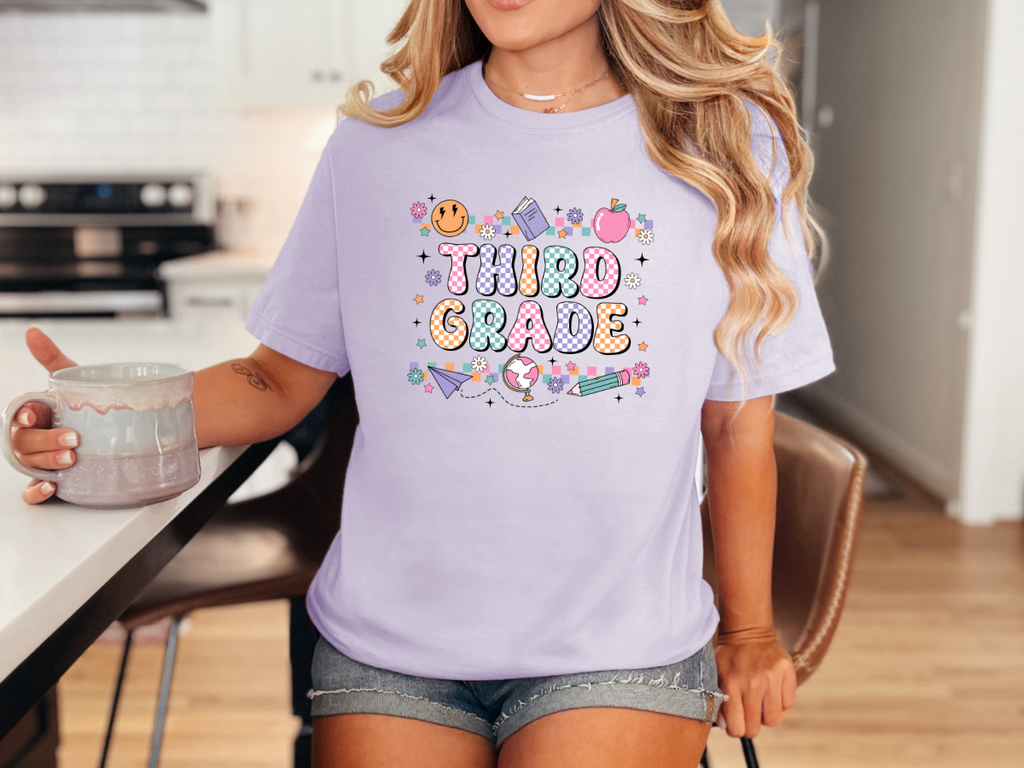 Third Grade Groovy Checkered Shirt - Comfort Colors 1717 Teacher Shirt - Back to School Tee - Retro Teacher Gift