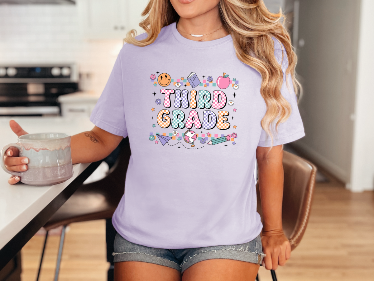 Third Grade Groovy Checkered Shirt - Comfort Colors 1717 Teacher Shirt - Back to School Tee - Retro Teacher Gift