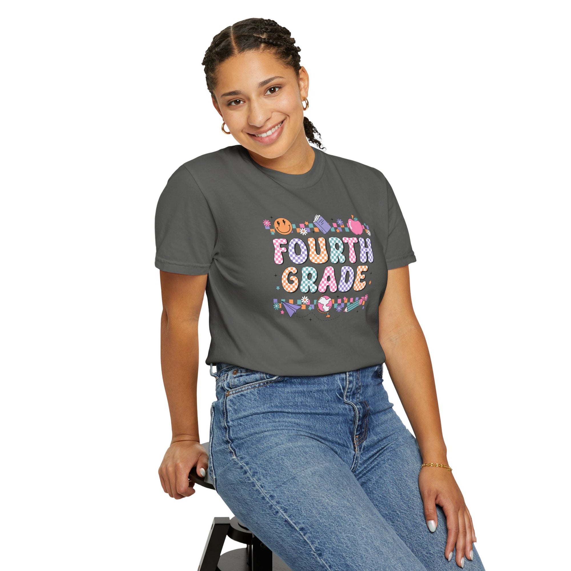 Fourth Grade Groovy Checkered Shirt - Comfort Colors 1717 Teacher Shirt - Back to School Tee - Retro Teacher Gift