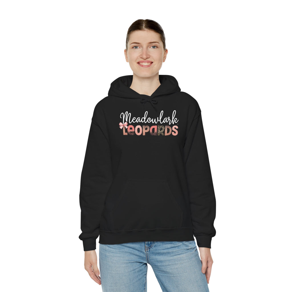 Meadowlark Leopards Hoodie – Pink Mock Glitter & Leopard Print Design with Bow | Gildan Heavy Blend Hooded Sweatshirt | School Spirit Wear