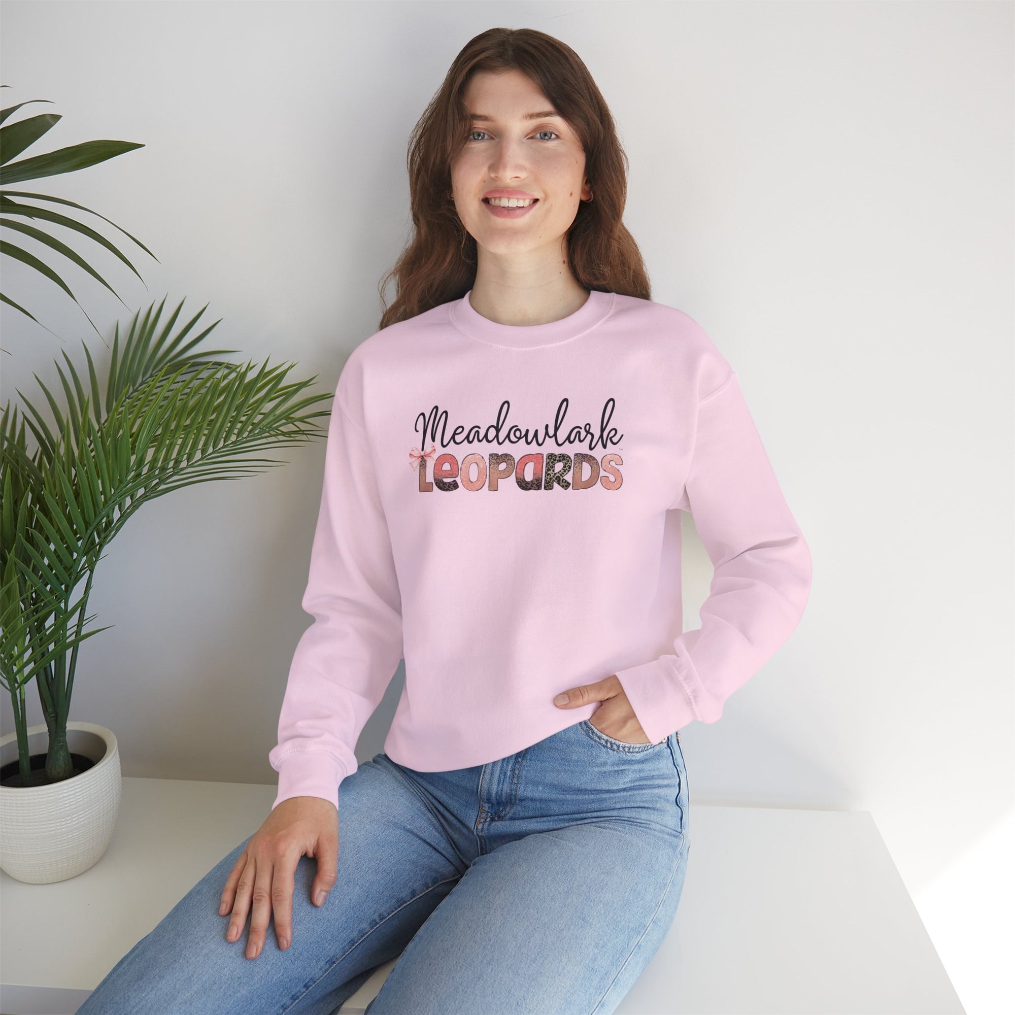 Meadowlark Leopards Crewneck Sweatshirt – Gildan Heavy Blend 18000 – Pink & Leopard Print School Spirit – Teacher Sweatshirt
