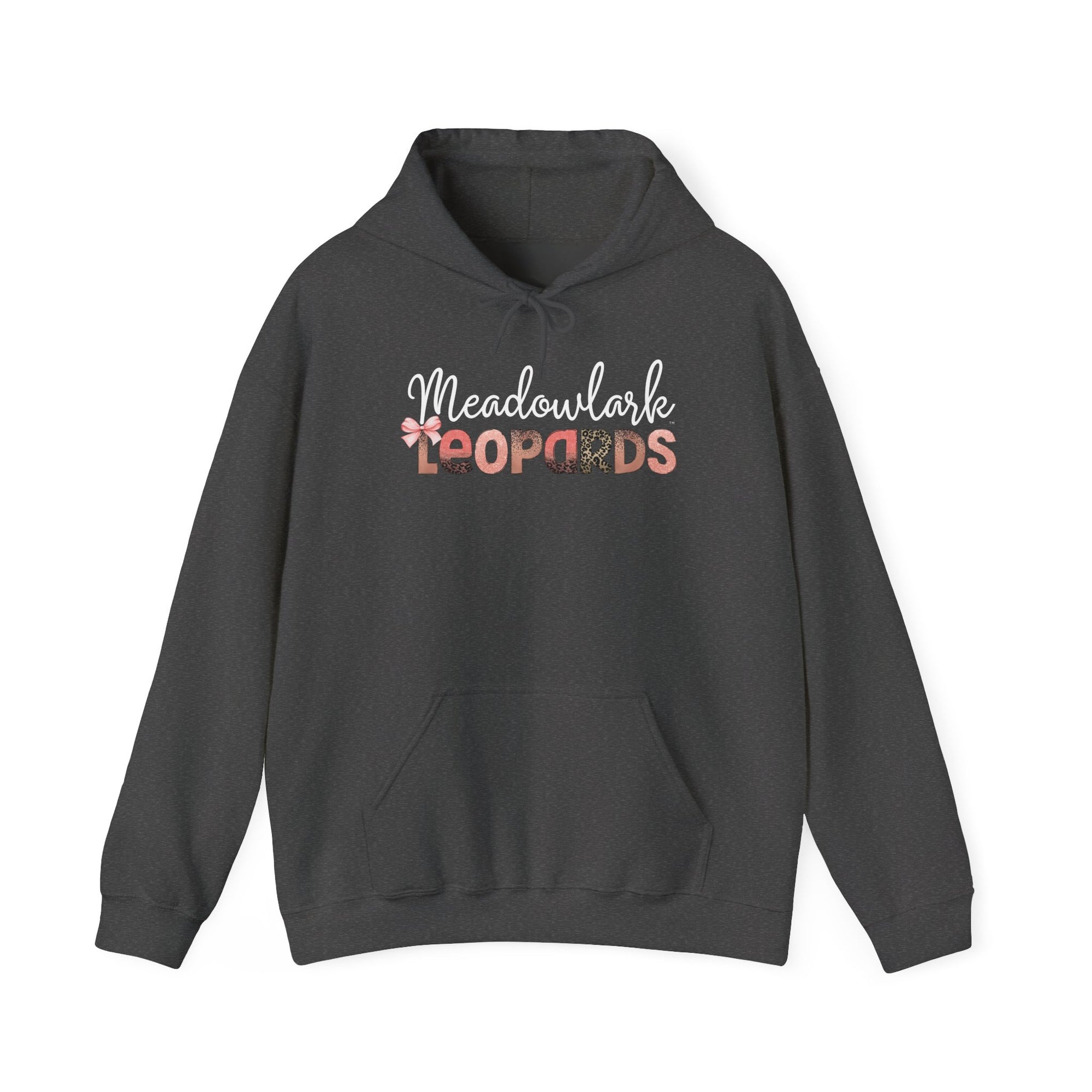 Meadowlark Leopards Hoodie – Pink Mock Glitter & Leopard Print Design with Bow | Gildan Heavy Blend Hooded Sweatshirt | School Spirit Wear