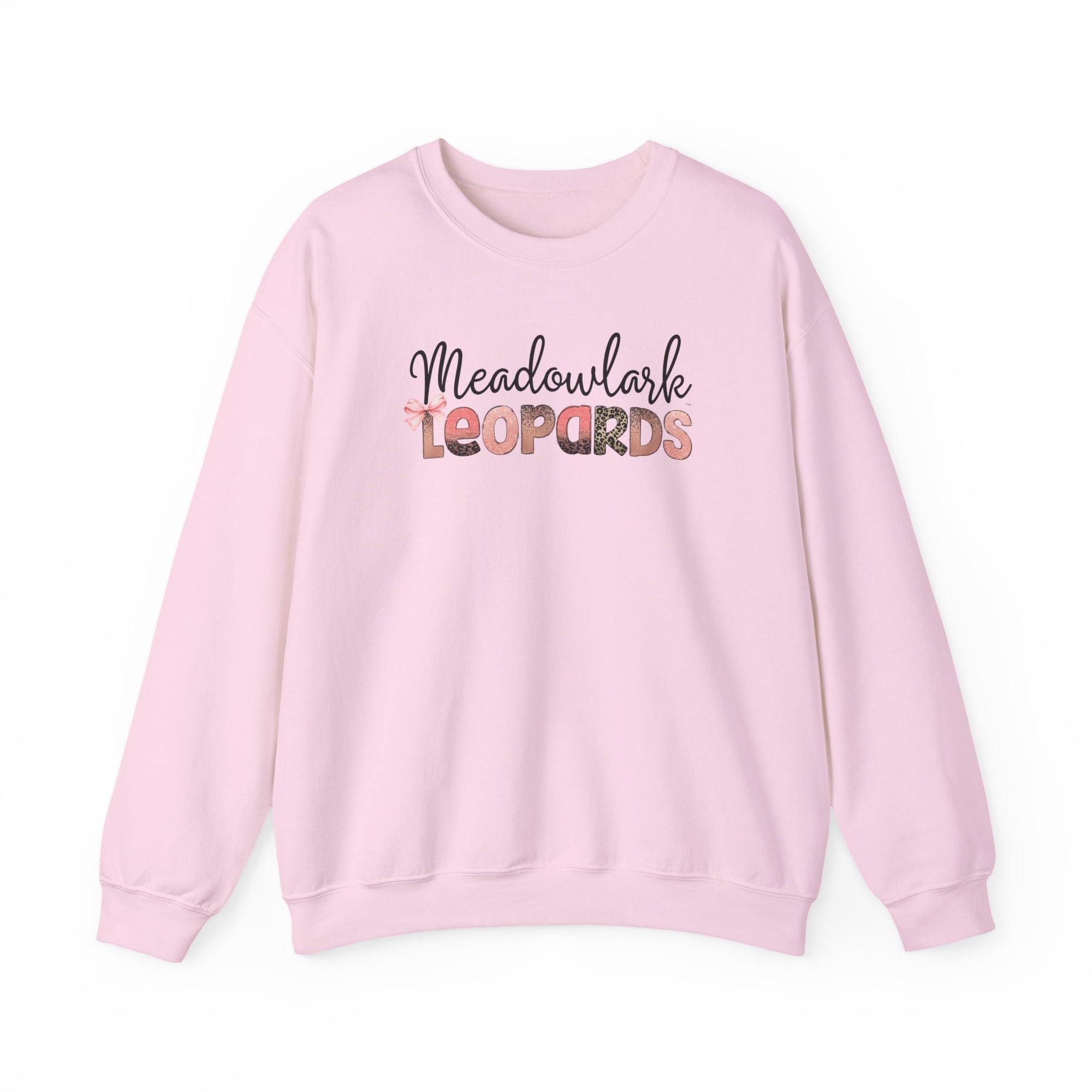 Meadowlark Leopards Crewneck Sweatshirt – Gildan Heavy Blend 18000 – Pink & Leopard Print School Spirit – Teacher Sweatshirt