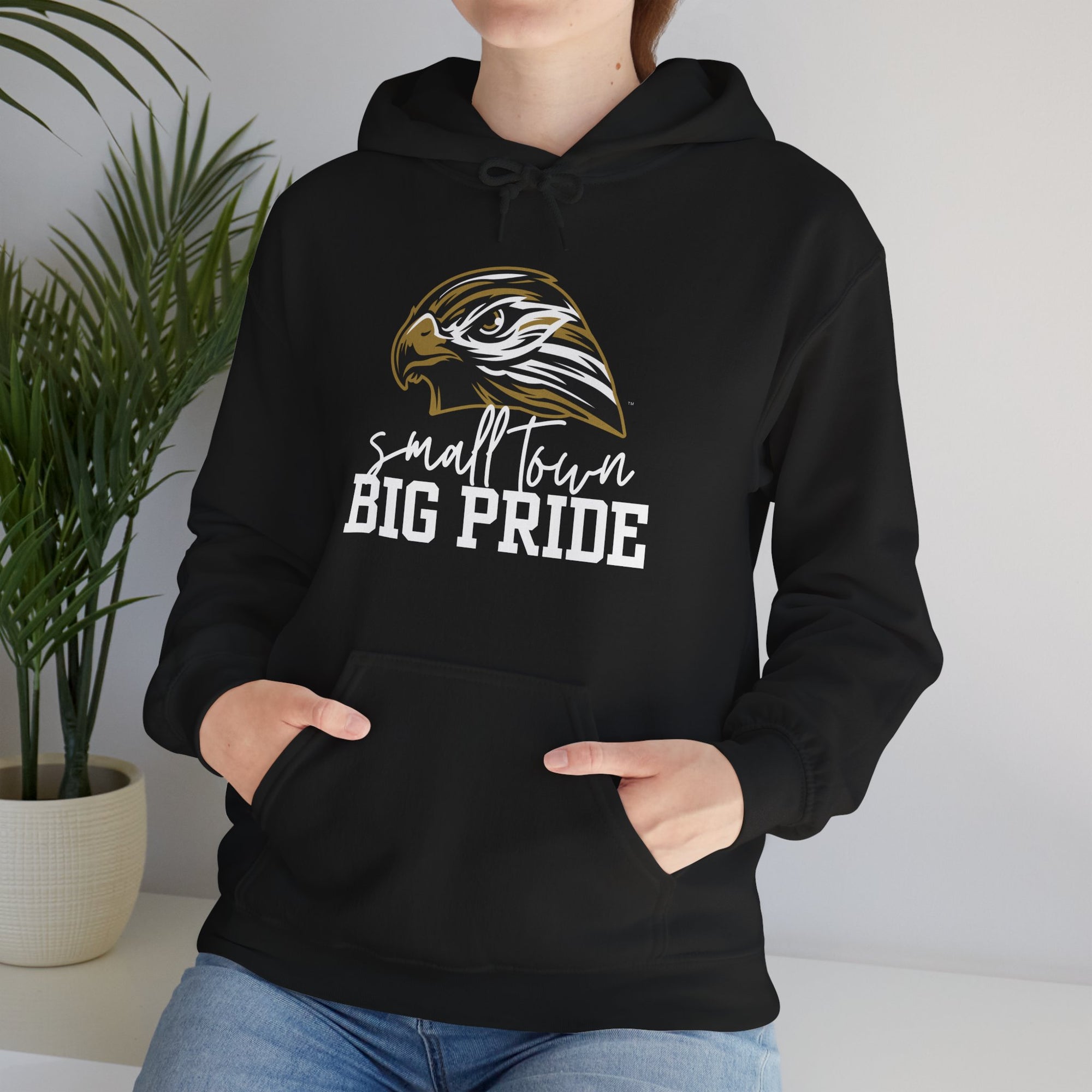 LOCAL PICK UP- Small Town, Big Pride- Gildan Heavy Blend Unisex Hoodie – Hawk Mascot Sweatshirt