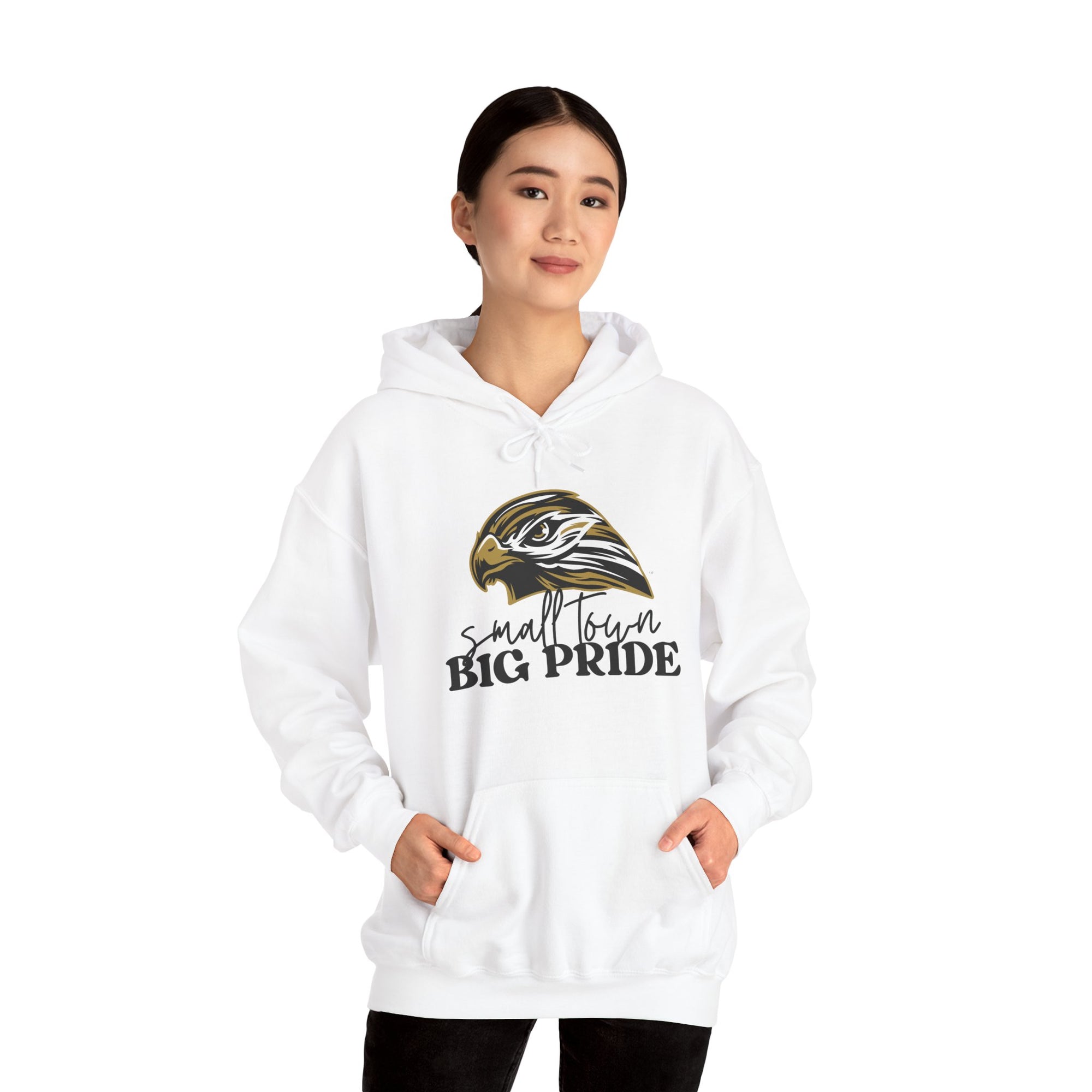 Small Town, Big Pride Gildan Heavy Blend Unisex Hoodie – Hawk Mascot Sweatshirt