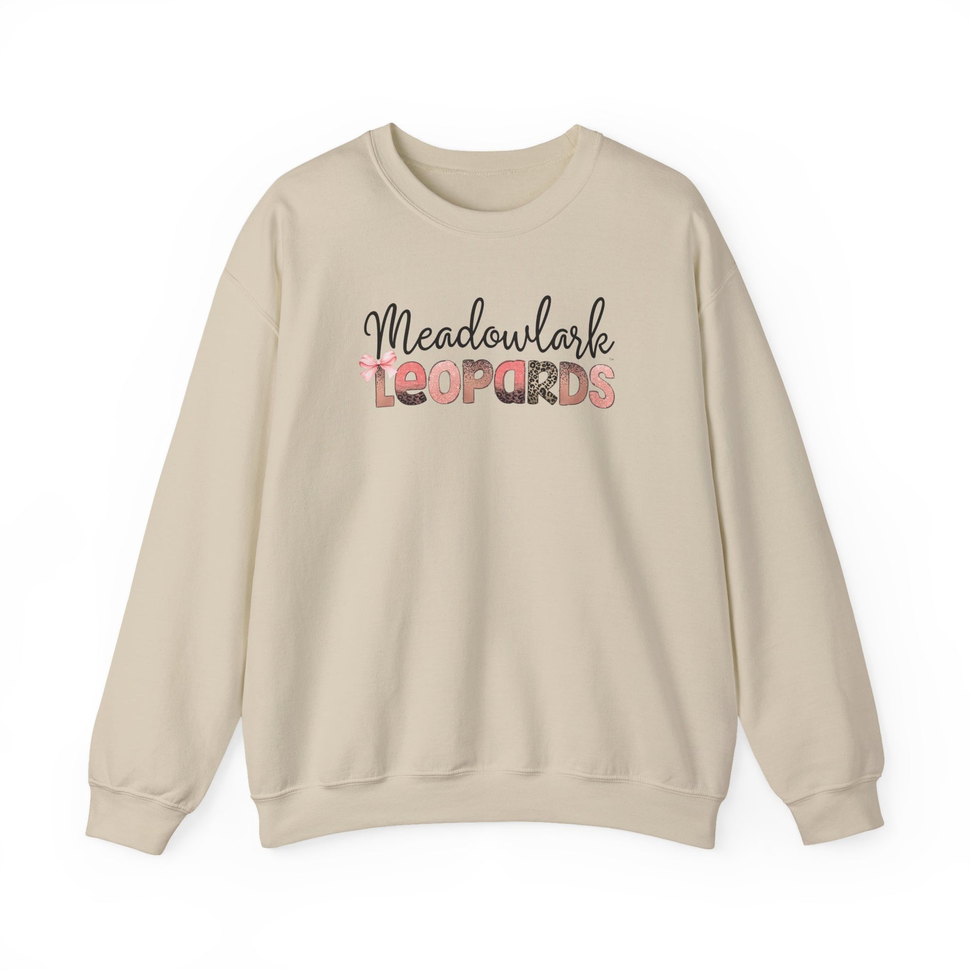Meadowlark Leopards Crewneck Sweatshirt – Gildan Heavy Blend 18000 – Pink & Leopard Print School Spirit – Teacher Sweatshirt