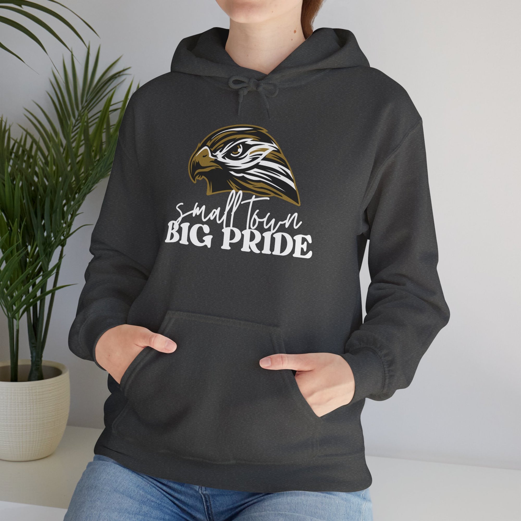 Small Town, Big Pride Gildan Heavy Blend Unisex Hoodie – Hawk Mascot Sweatshirt