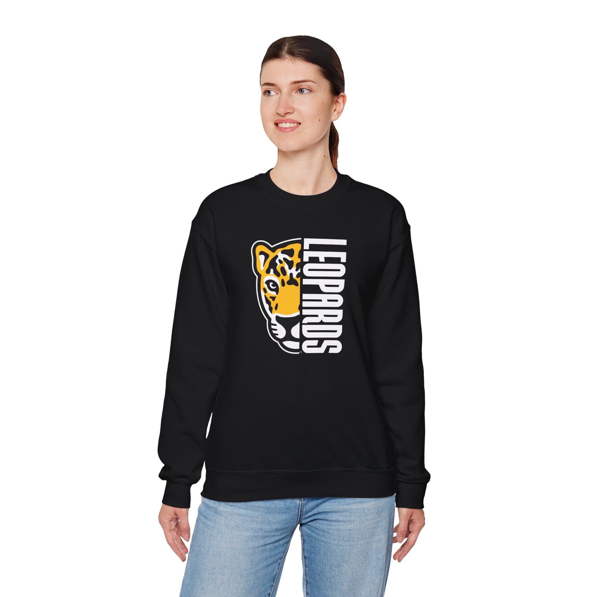 Leopards Mascot Crewneck Sweatshirt | Gildan Unisex Heavy Blend | School Spirit Wear | Teacher & Student Spirit Apparel